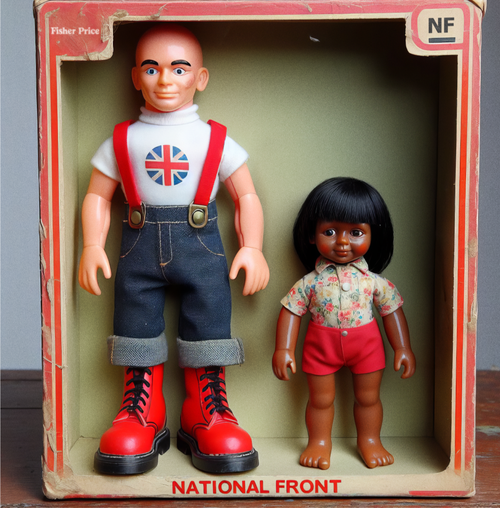Graphic used in a theatre production showing two boxed dolls labelled ‘National Front’, one styled in a white top with a Union Jack emblem, dungarees holding up denim jeans and red boots, placed beside a small Indian childlike doll.