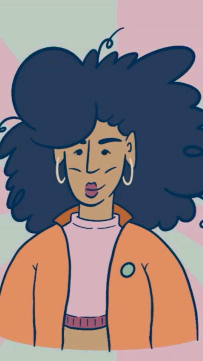 Still from an illustrated animation showing a person with voluminous curly hair, hoop earrings, and an orange jacket, with a green pin, worn over a pink top and against a soft pastel background.