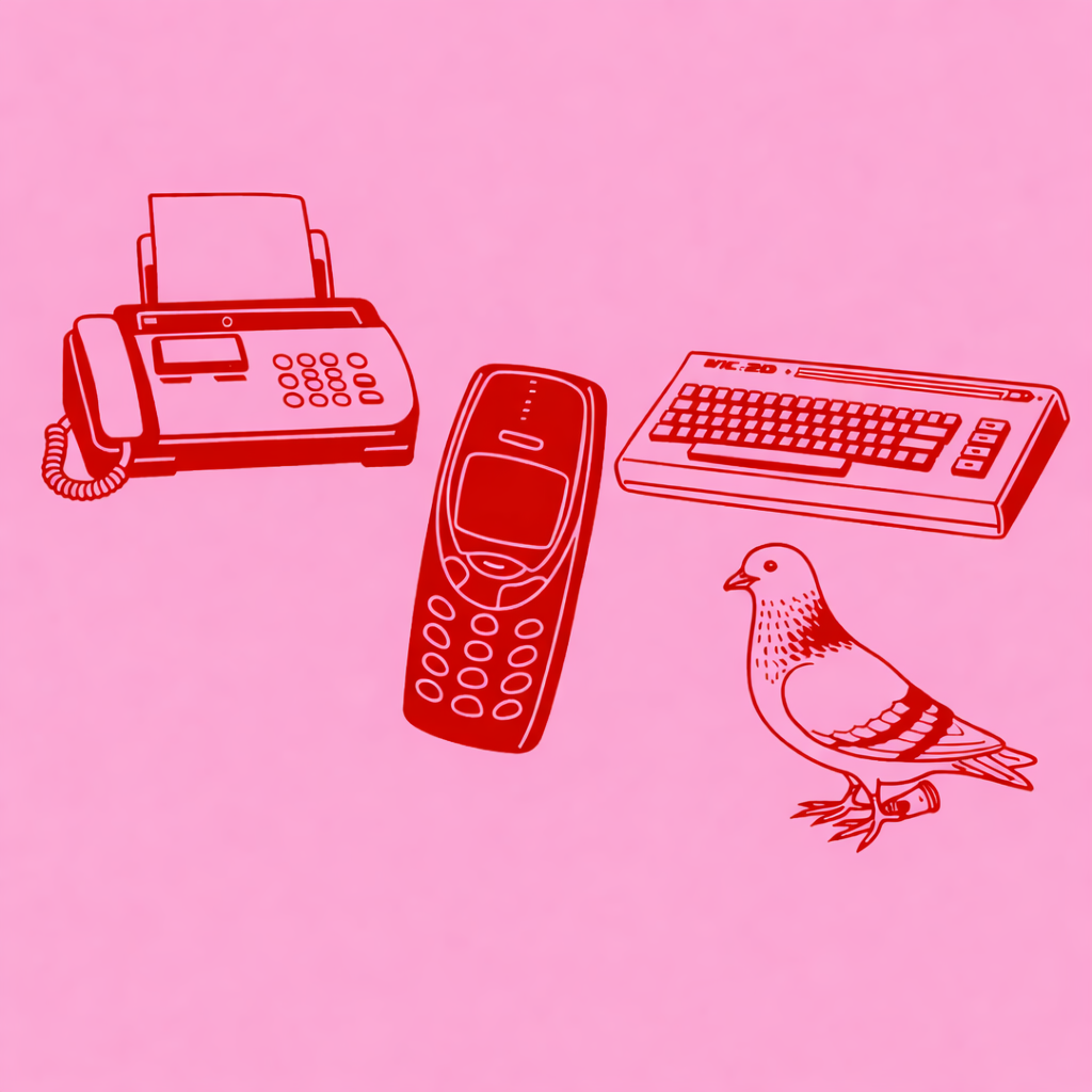 Red graphic pop art style illustrations showing a fax machine, a mobile phone, a keyboard and a pigeon on a pink background.