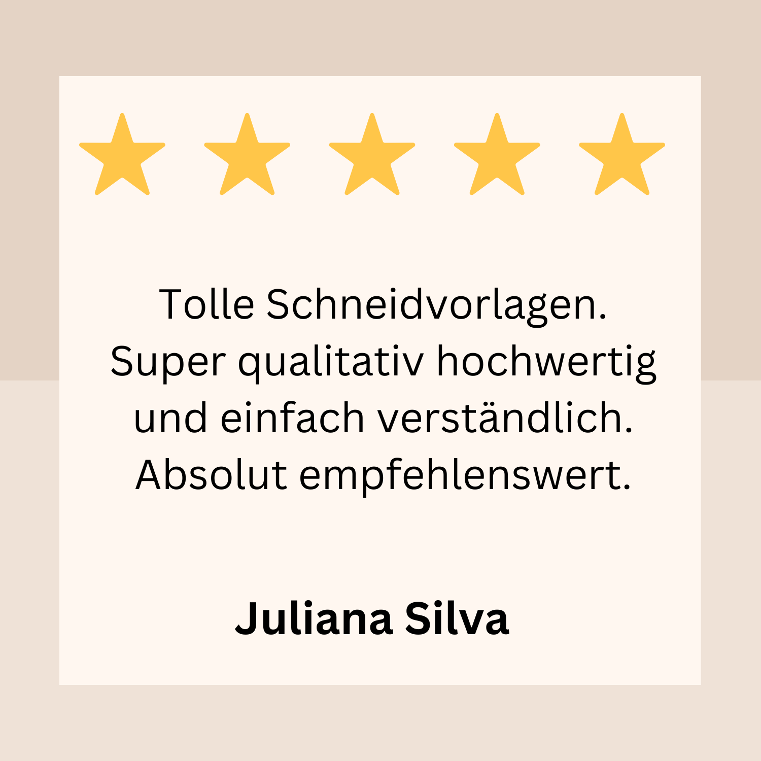 Eine Bewertung mit fünf goldenen Sternen und einem Text, der vorzügliche Produktqualität lobt, unterschrieben von Juliana Silva.
