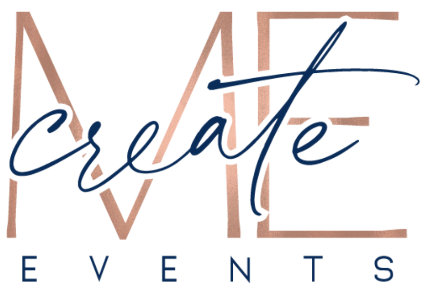 Text reading 'Create Events' with a stylized background of overlapping geometric shapes in pink and navy blue.