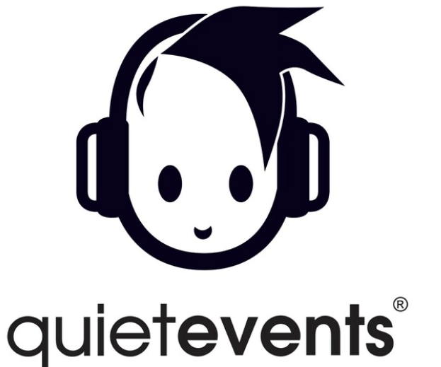 A cartoon illustration of a person's face with spiky hair wearing large headphones, with the text "quietevents" below.