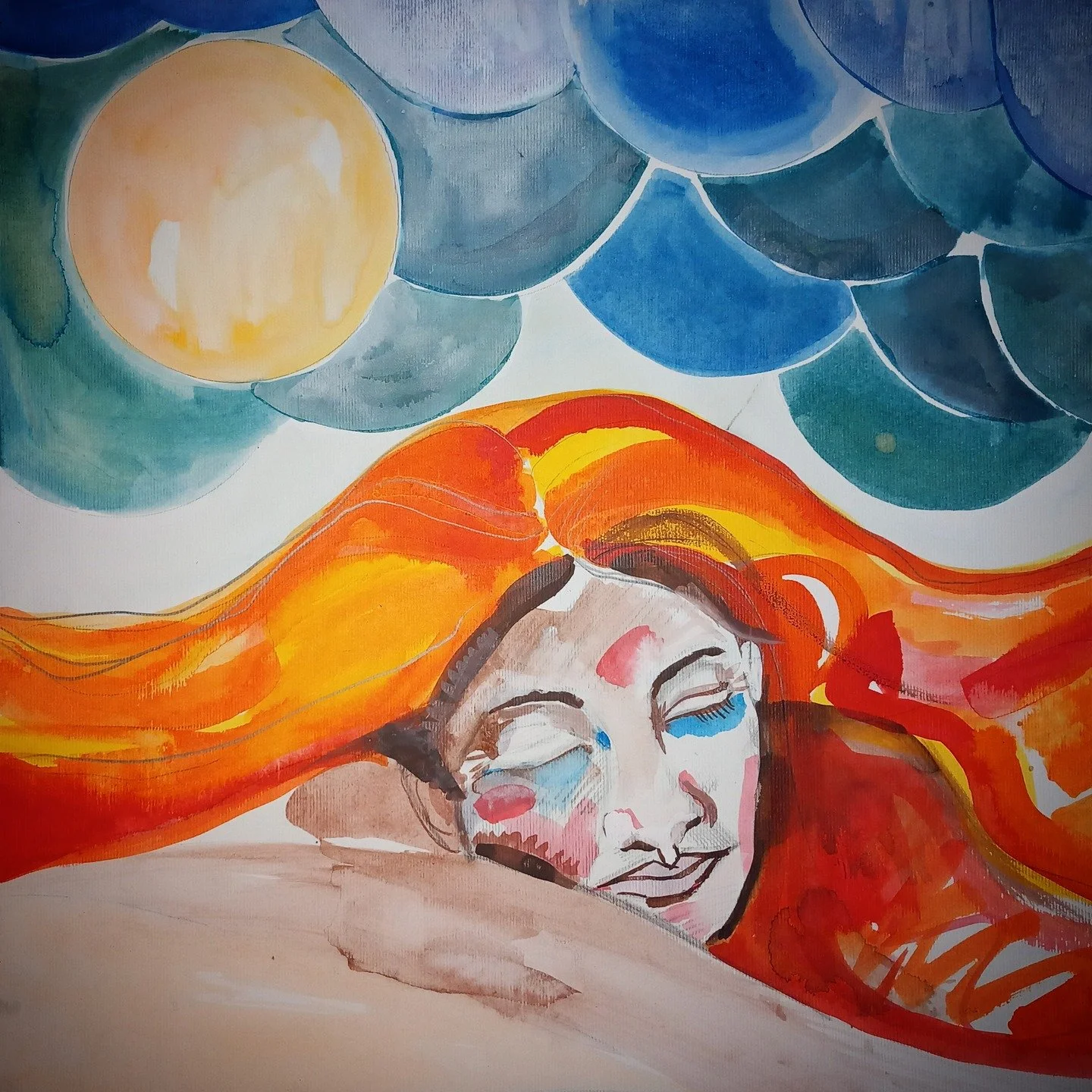 Sun Sleep 2025...it's so good to be making art again... Where did my muse go? Well, she&rsquo;s back and I&rsquo;m forever grateful #artinstudio #artistinstudio #friday #thecreativefire #thecreativecycle #creativeprocess #painting #kaemoon #watercolo