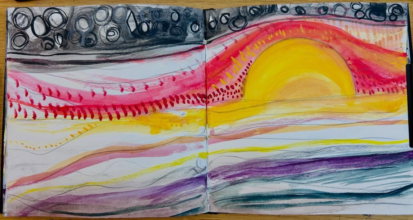 More sketchbook play. It&rsquo;s drizzly outside and I&rsquo;m looking forward to a blustery beach walk later on. When I doodle, these landscapes emerge. #charcoal #acrylicink #sketchbook #sundaymorning