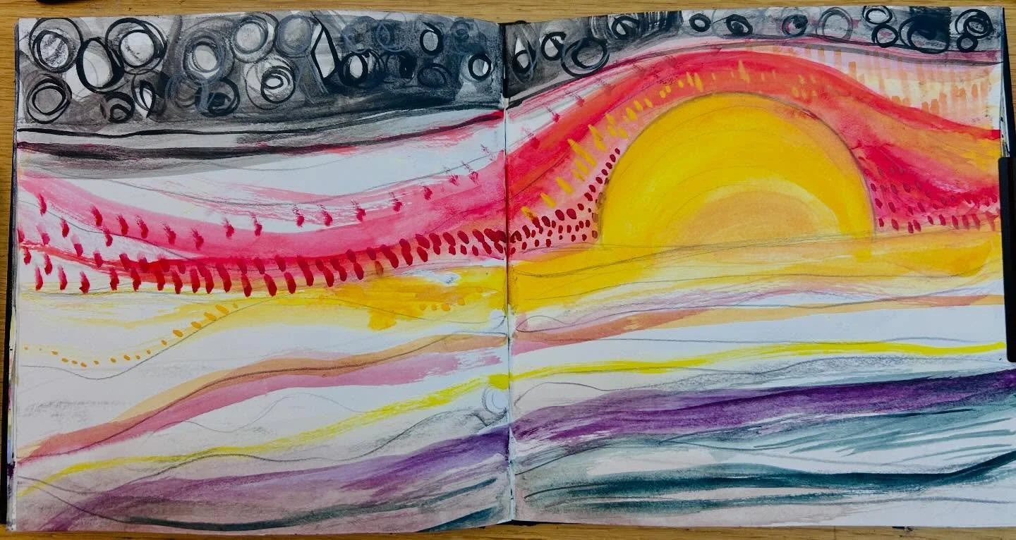 More sketchbook play. It&rsquo;s drizzly outside and I&rsquo;m looking forward to a blustery beach walk later on. When I doodle, these landscapes emerge. #charcoal #acrylicink #sketchbook #sundaymorning