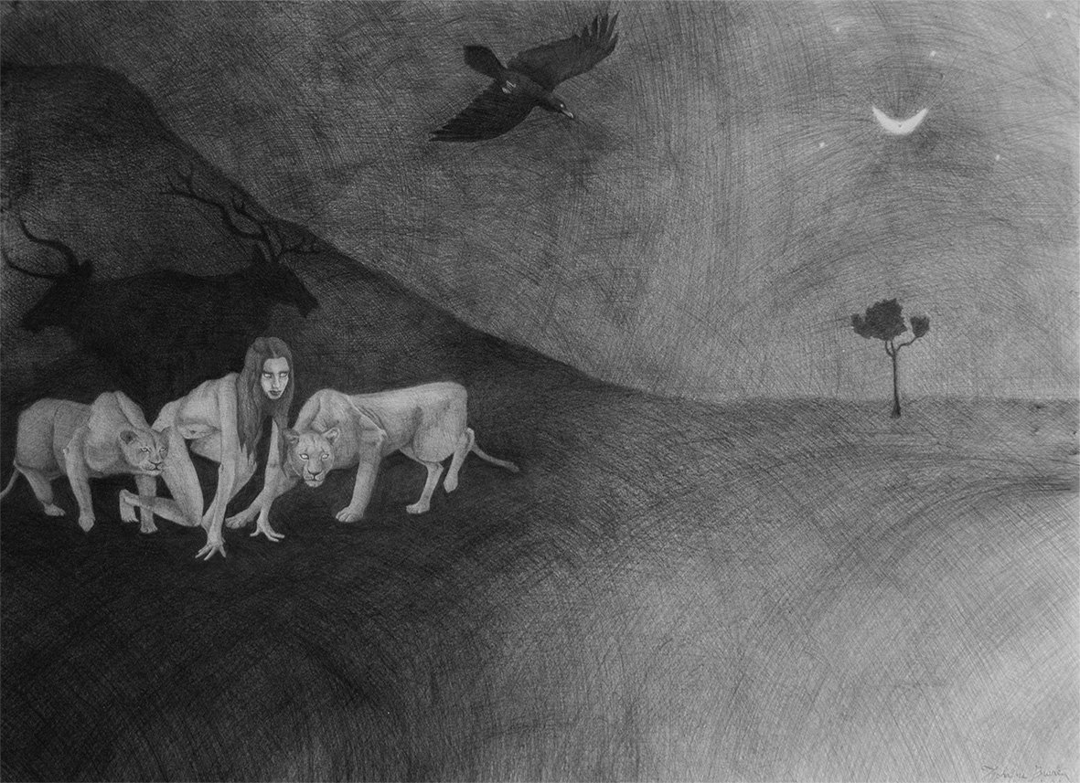  L'approche , graphite sur papier, 44 x 57 cm, 2024