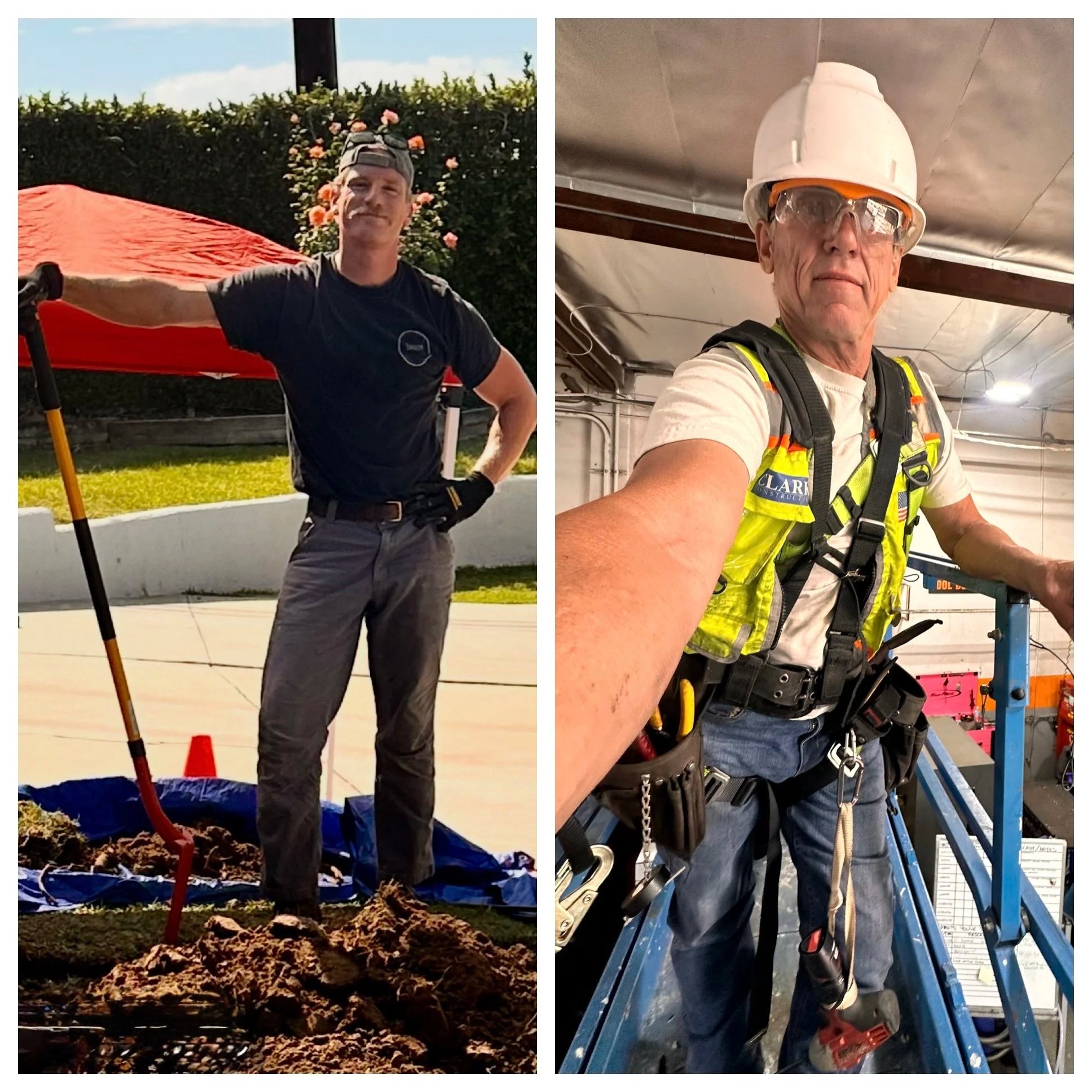 Side-by-side photos of two men, one standing outdoors holding a shovel and the other indoors wearing a hard hat and safety harness, working in an industrial or construction setting.
