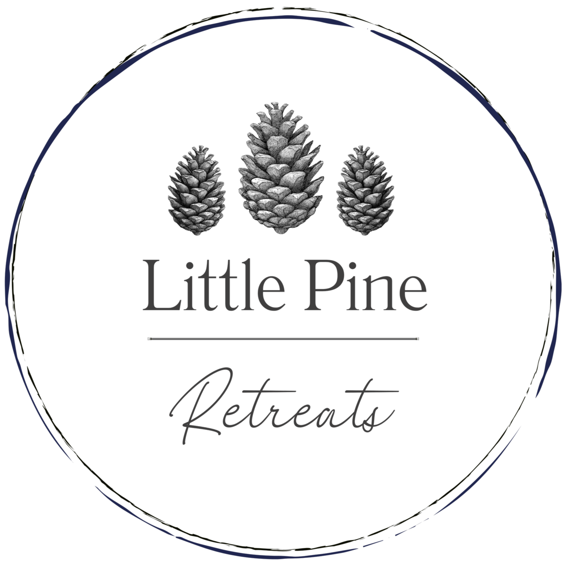 Logo for Little Pine Retreats featuring three pinecones above the text 'Little Pine Retreats' on a black background.