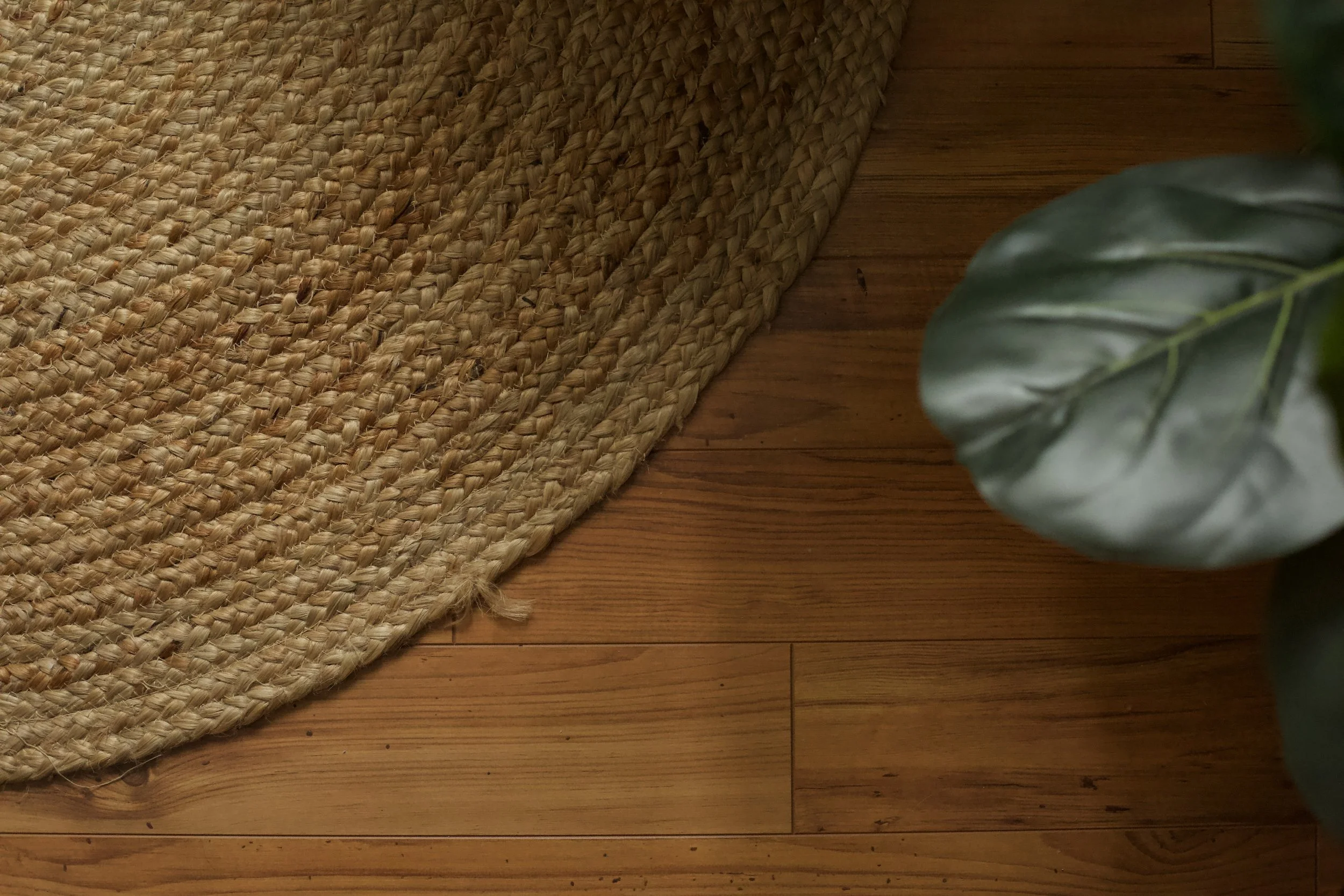 Plancher en bois, tapis tressé en fibres naturelles, feuille verte noticeable au coin droit