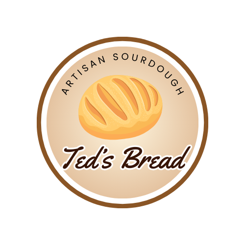 Logo for Ted's Bread featuring an illustration of a loaf of bread with the text 'Artisan Sourdough Ted's Bread' surrounding it.