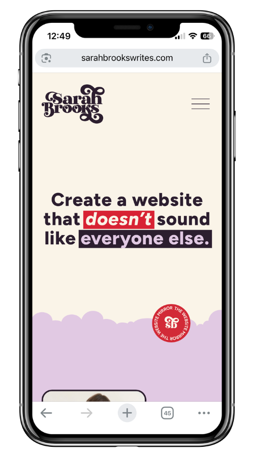 A mobile website mockup for Sarah Brooks writes, including a dreamy sensibility and purple and red palette.