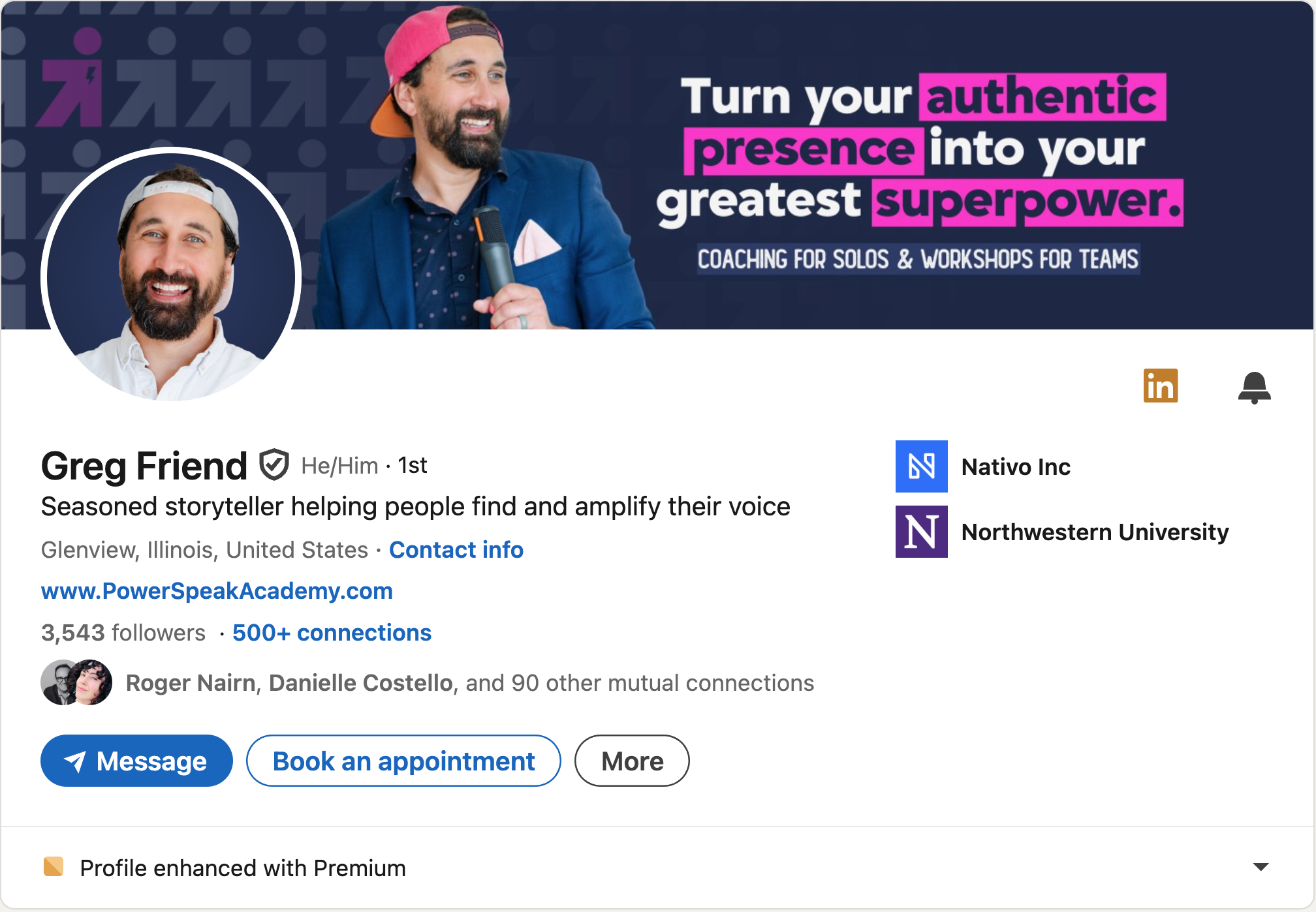 LinkedIn profile page of Greg Friend with a navy and hot pink color palette and core business info.