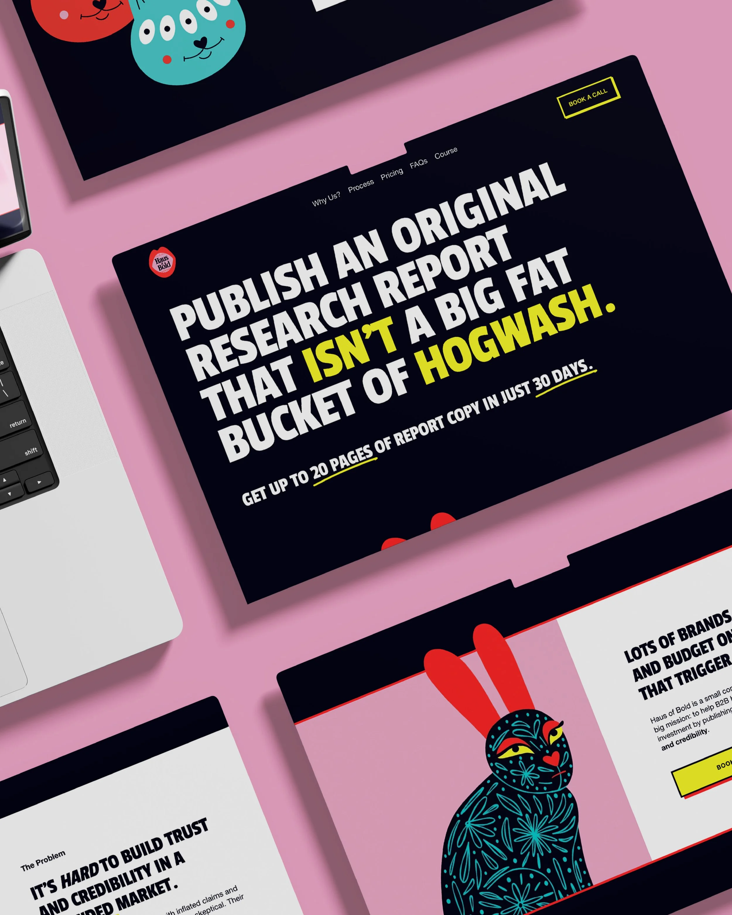 A web design mockup for Haus of Bold, featuring colorful, other wordly creature and a bold, bright color scheme.