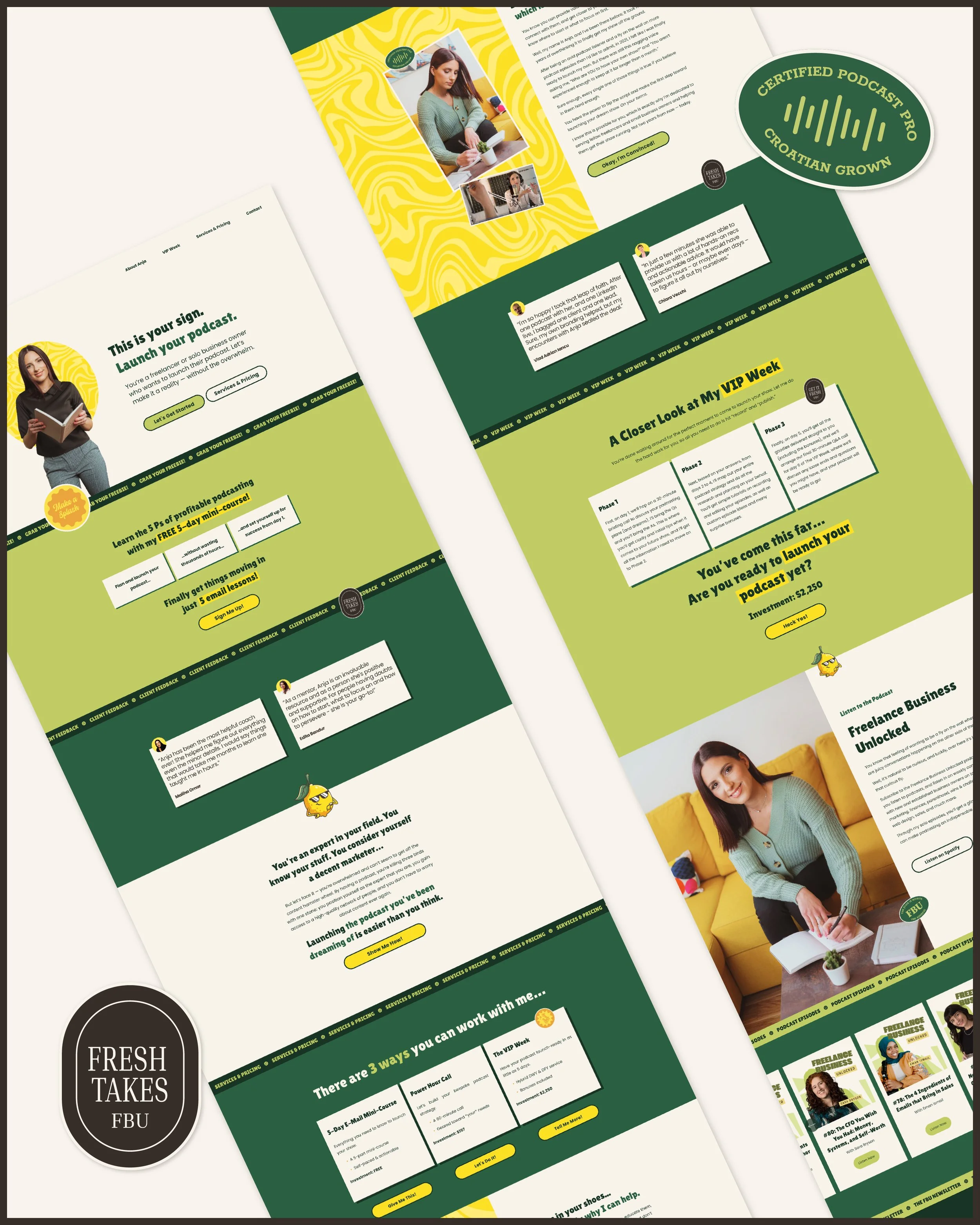 Two colorful web design mockups of the design for Freelance Business Unlocked, a bright and playful brand with a fruit theme.