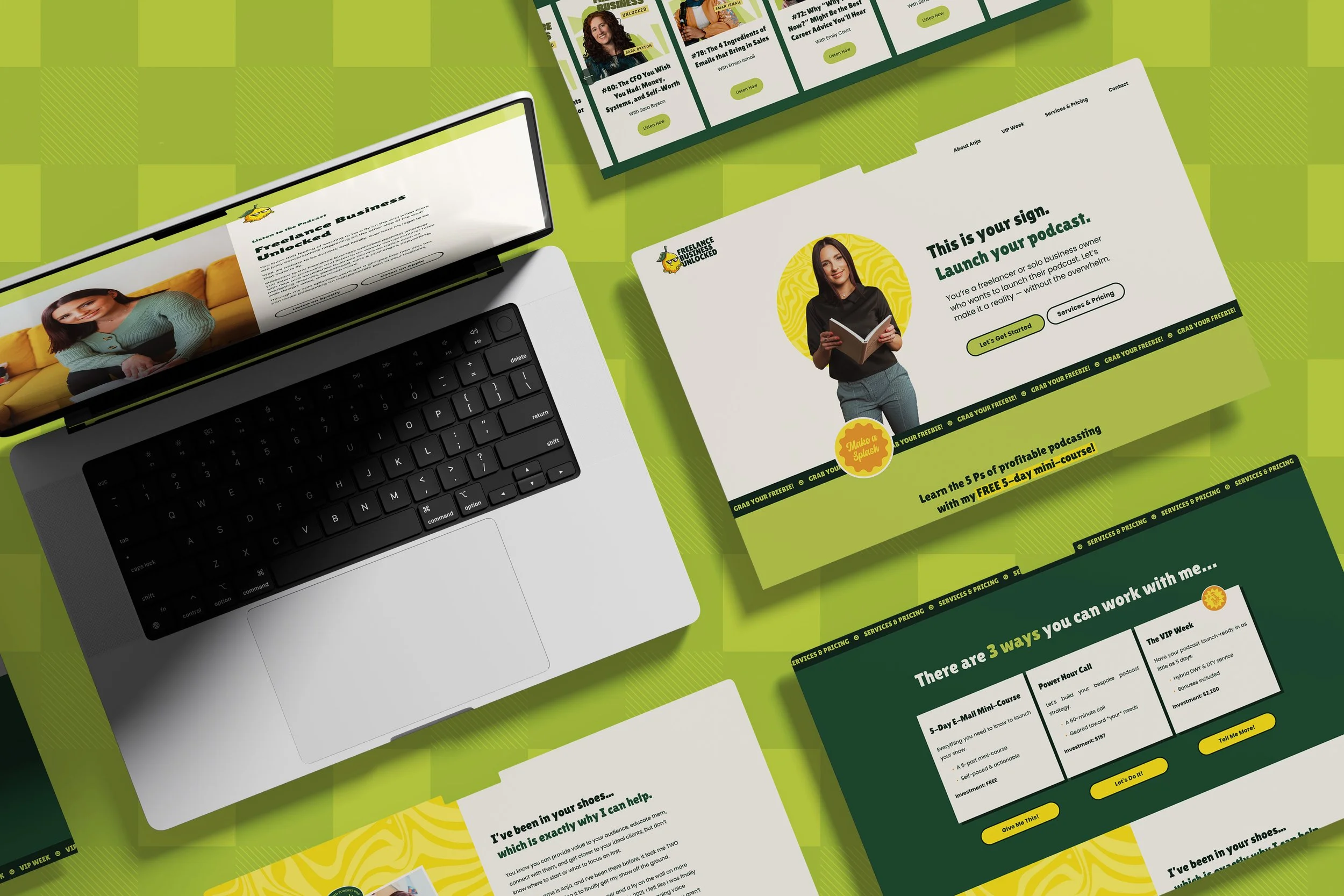 A web Design mockup for Freelance Business Unlocked, a playful website with a fruit theme and lively orange and yellow color palette.