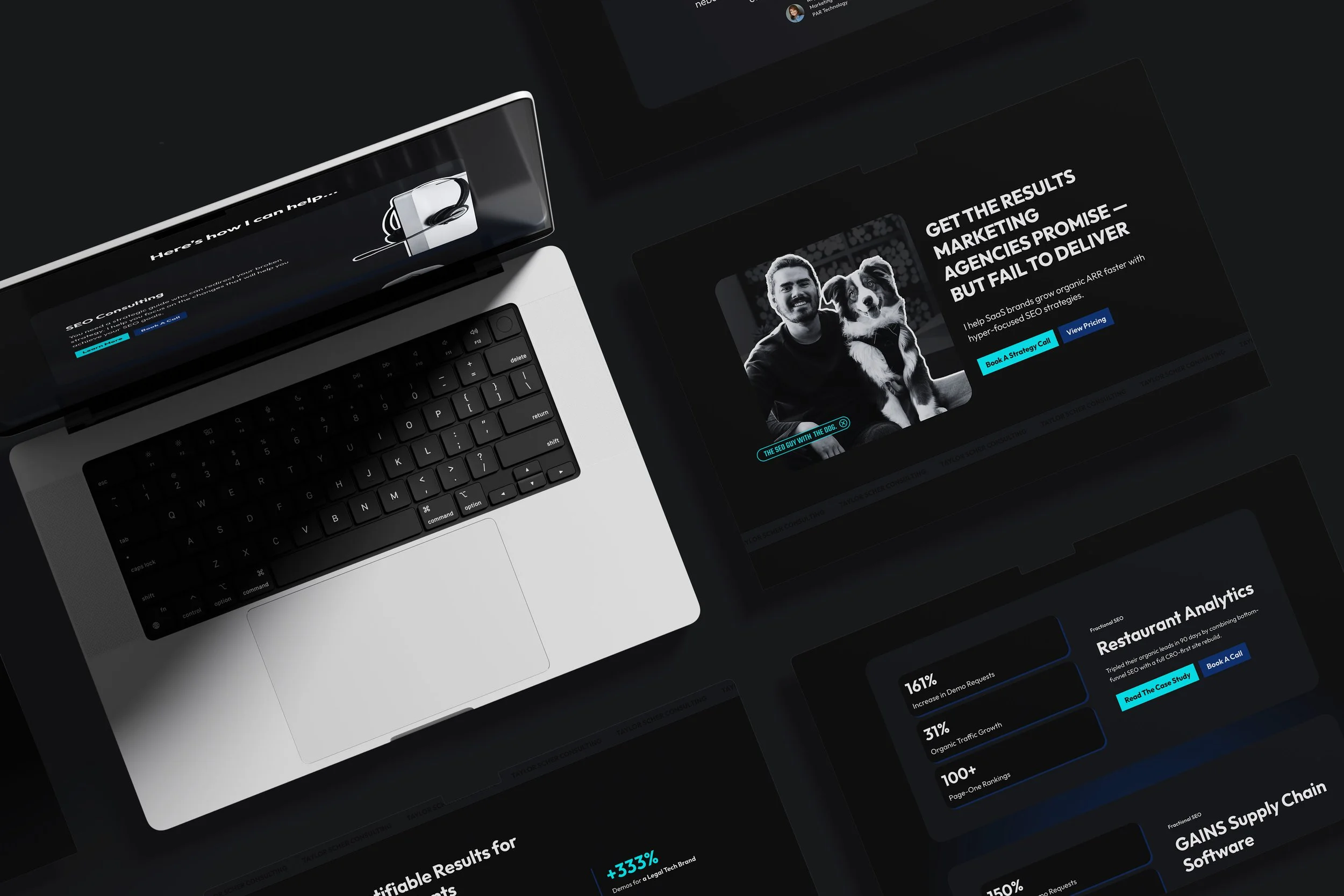 Overhead view of a silver laptop with black keyboard, surrounded by dark screens displaying marketing and SEO content, including a photo of a man with a dog and various data analytics.