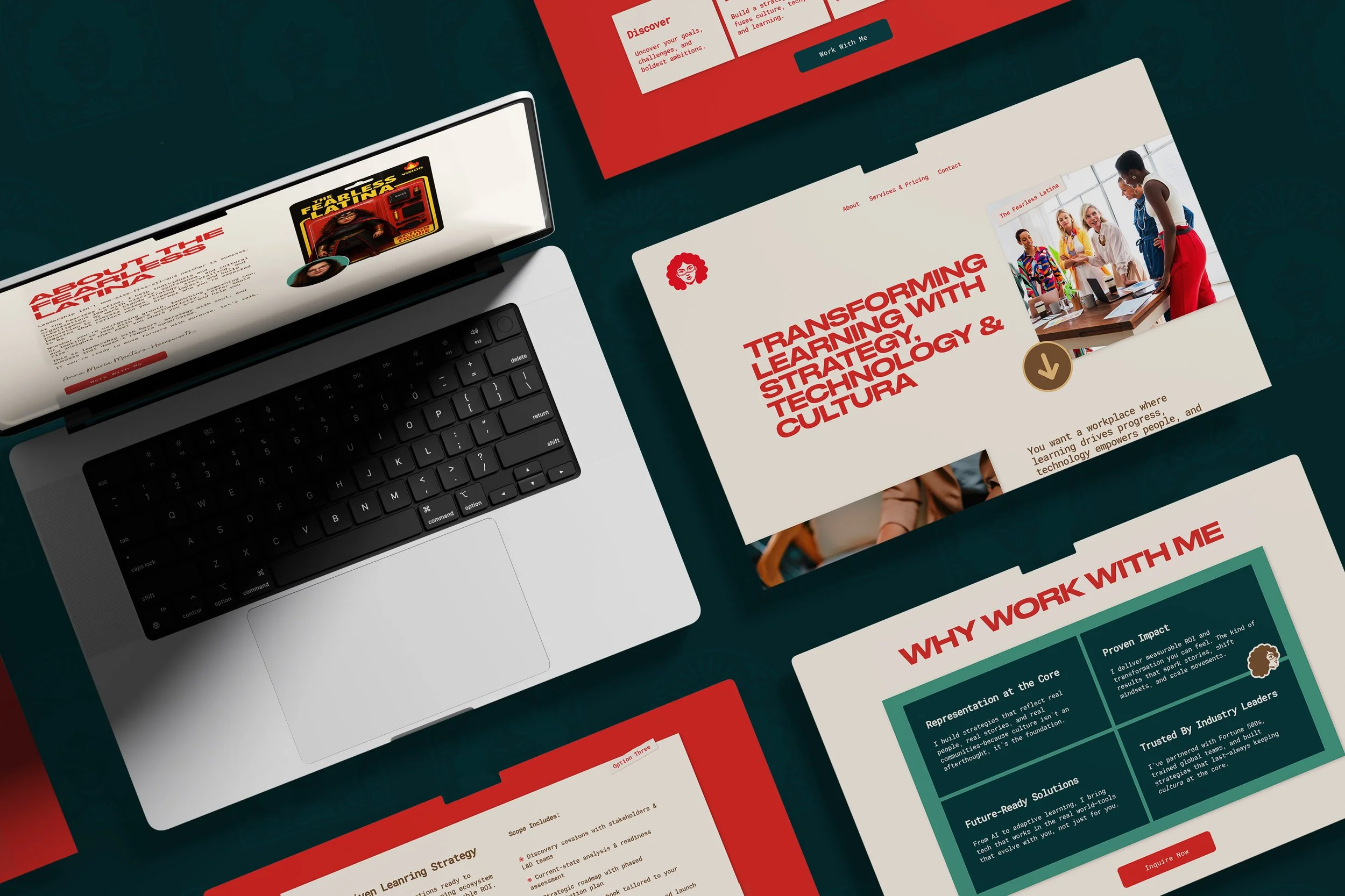 A web design mockup for Fearless Latina, a website with a teal and red color palette and bold tyography.