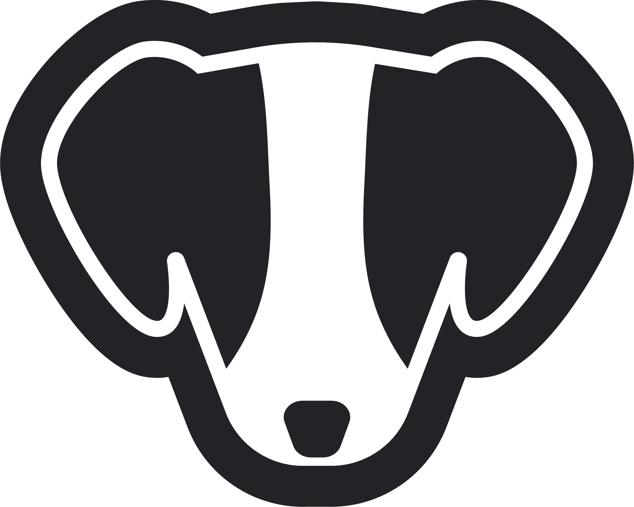 Black and white stylized illustration of a dog's face with large ears and a simple nose.