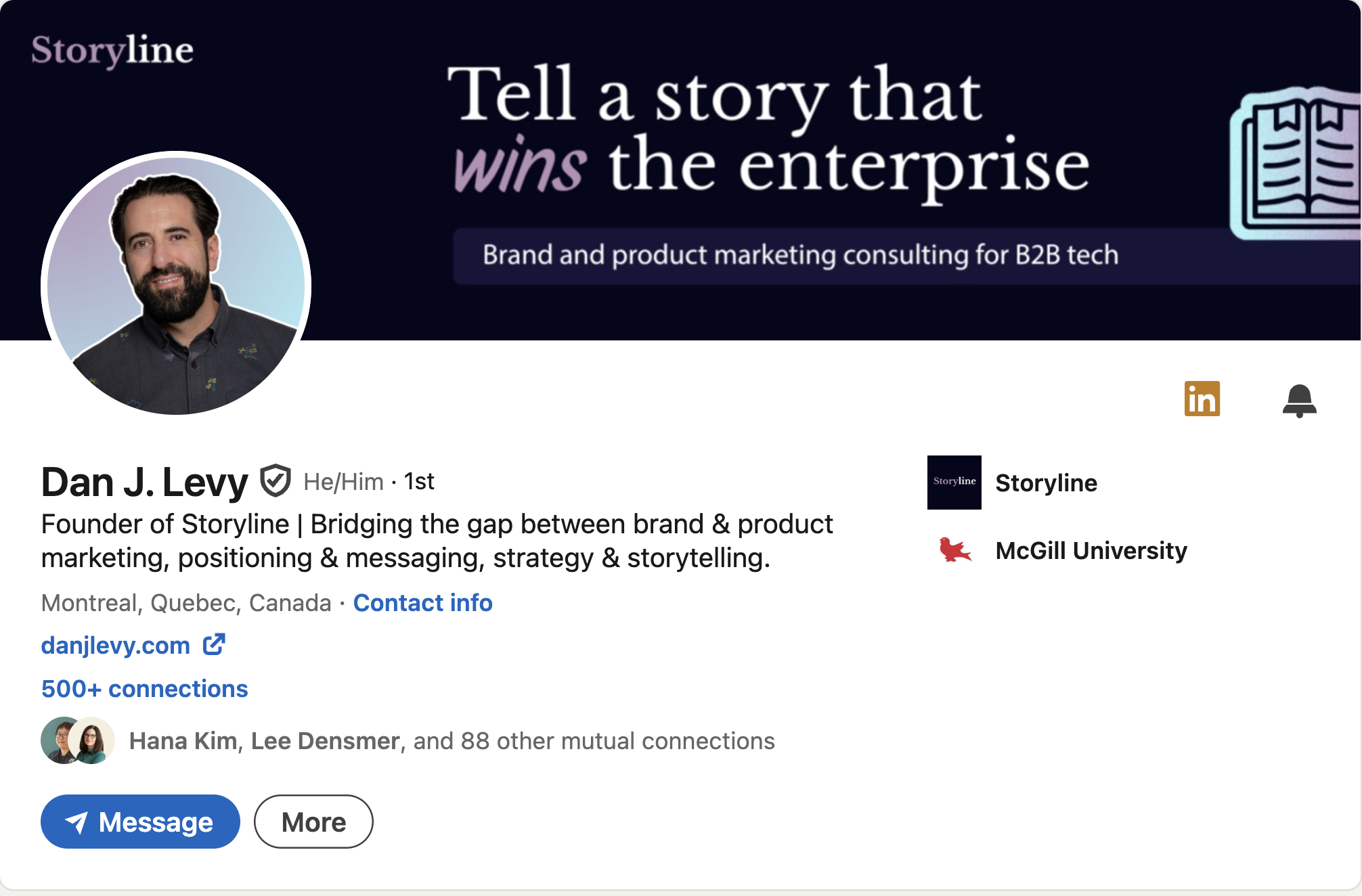 LinkedIn profile page of Dan J. Levy, founder of Storyline, with a banner titled "Tell a story that wins the enterprise," promoting brand and product marketing consulting for B2B tech, featuring his profile picture, contact info, and connections.