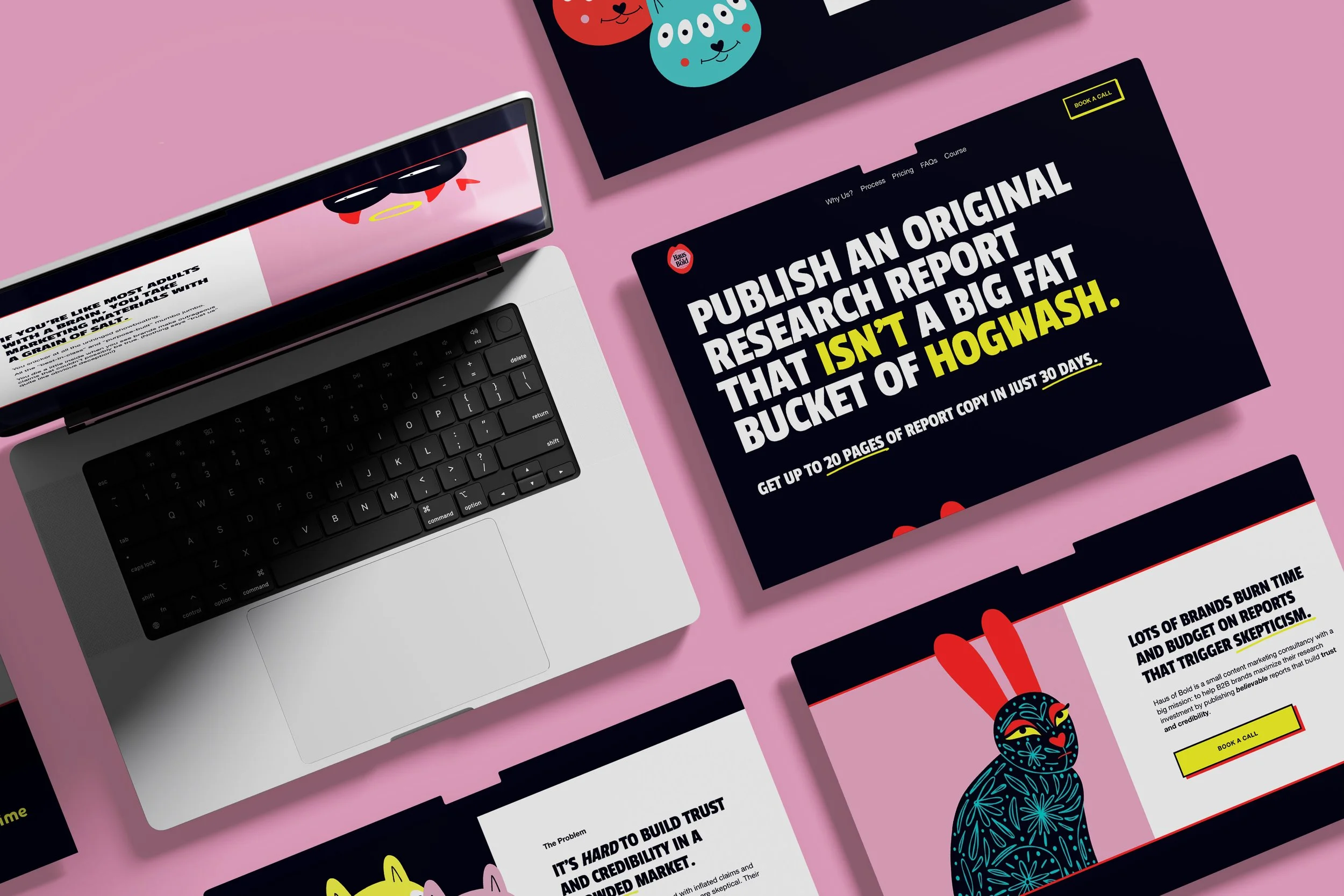 A web design mockup for Haus of Bold, featuring colorful, other wordly creature and a bold, bright color scheme.