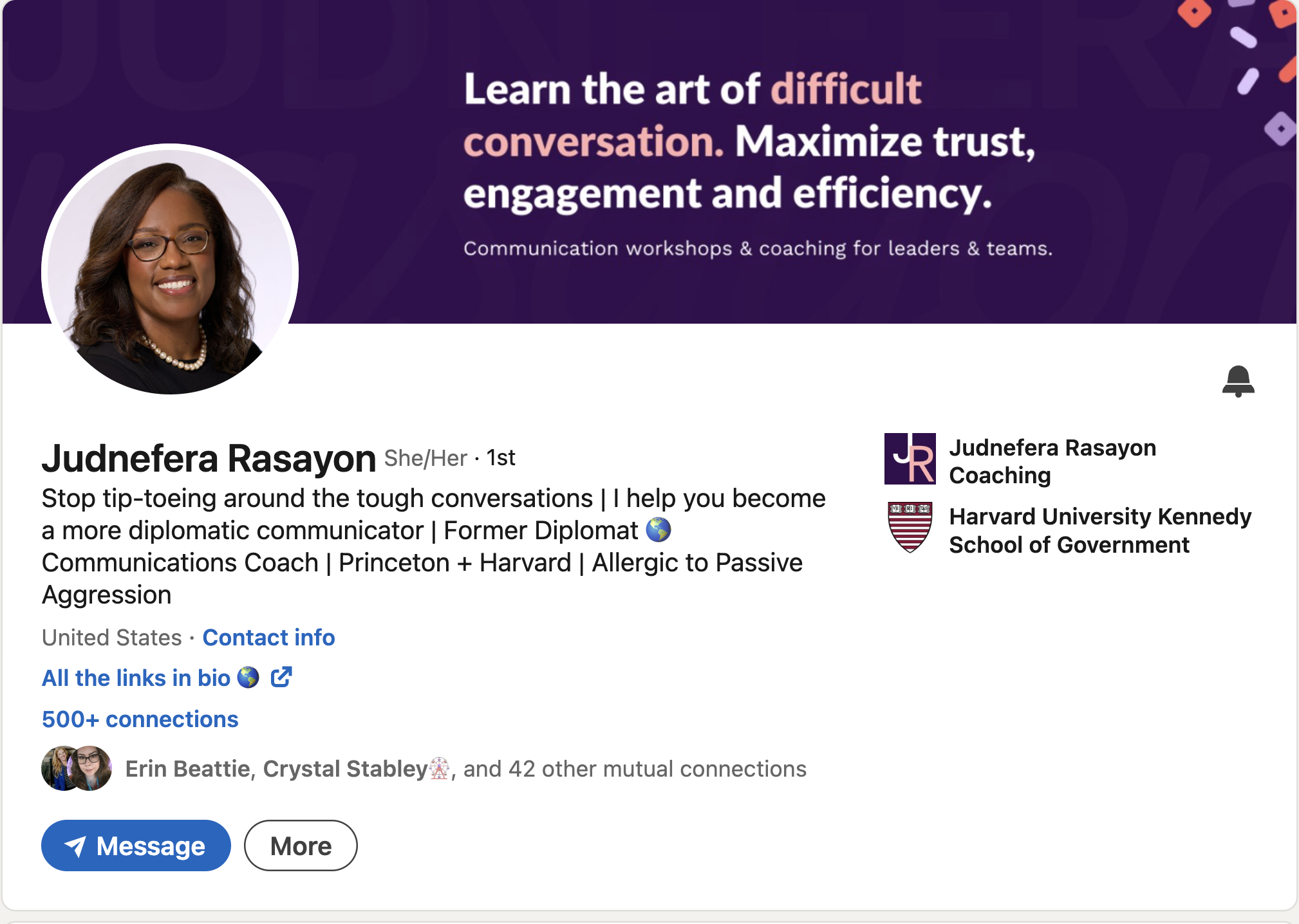 LinkedIn profile for Judnefera Rasayon. The banner features a purple background with colorful confetti and the text 'Learn the art of difficult conversation. Maximize trust, engagement and efficiency.' A profile photo of Judnefera Rasayon wearing glasses and a pearl necklace is displayed along with her name, pronouns, and brief bio. Contact options and links to her professional information are also visible.