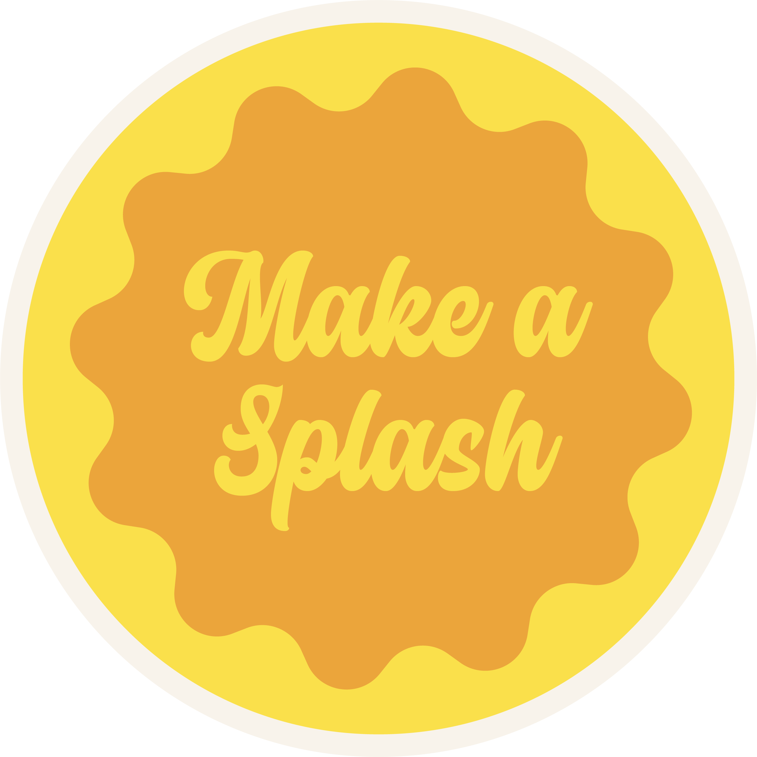 A circular sticker with a yellow border and orange center that says "Make a Splash" in yellow cursive font.