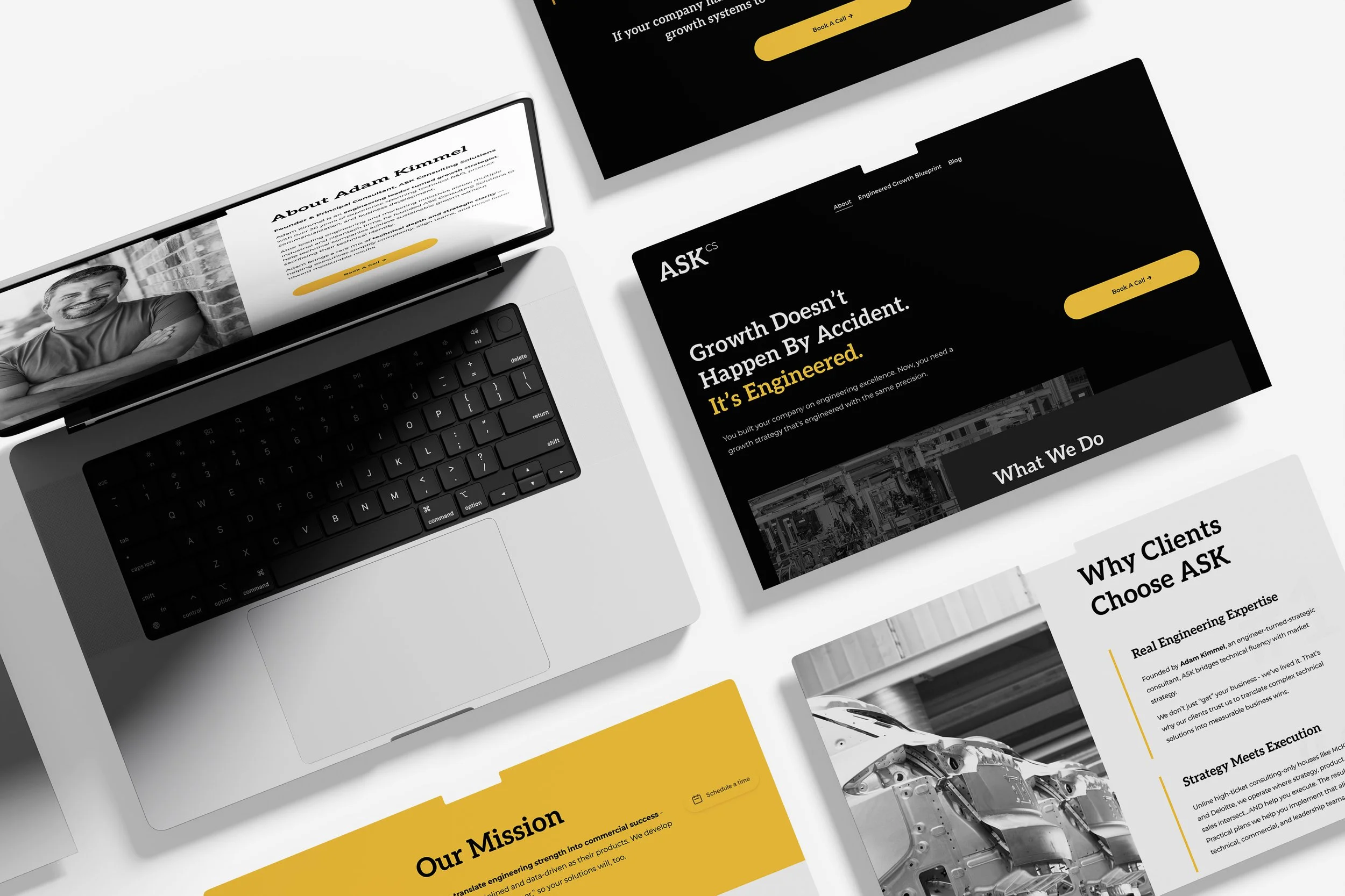 Multiple screens displaying a website about engineering growth strategies, with black, white, and yellow color schemes, including an about section, company mission, and reasons to choose the company.