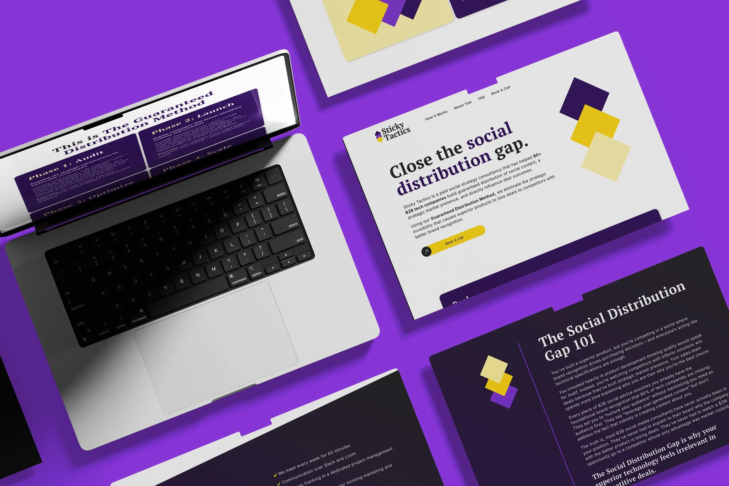 A web design mockup for Sticky Tactics, a purple and yellow themed site with icons that resemble Post-It Notes.