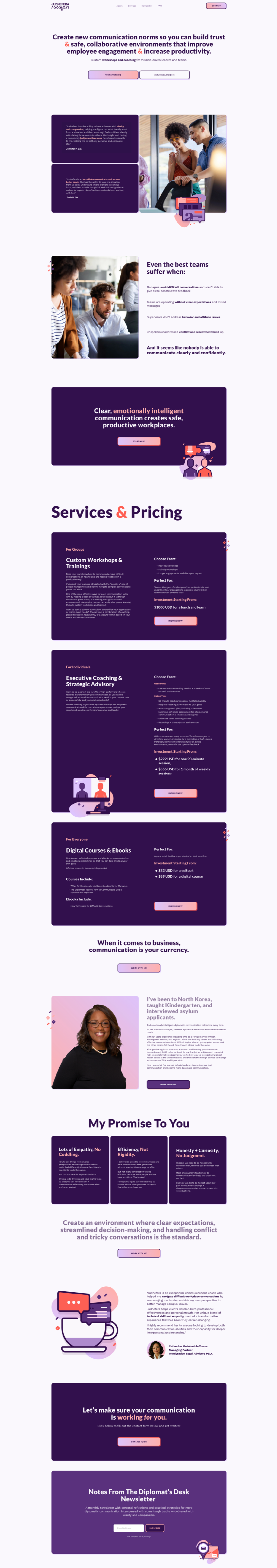 A webpage spread for Judnefera Rasayon with clean design and a peach and purple color scheme.