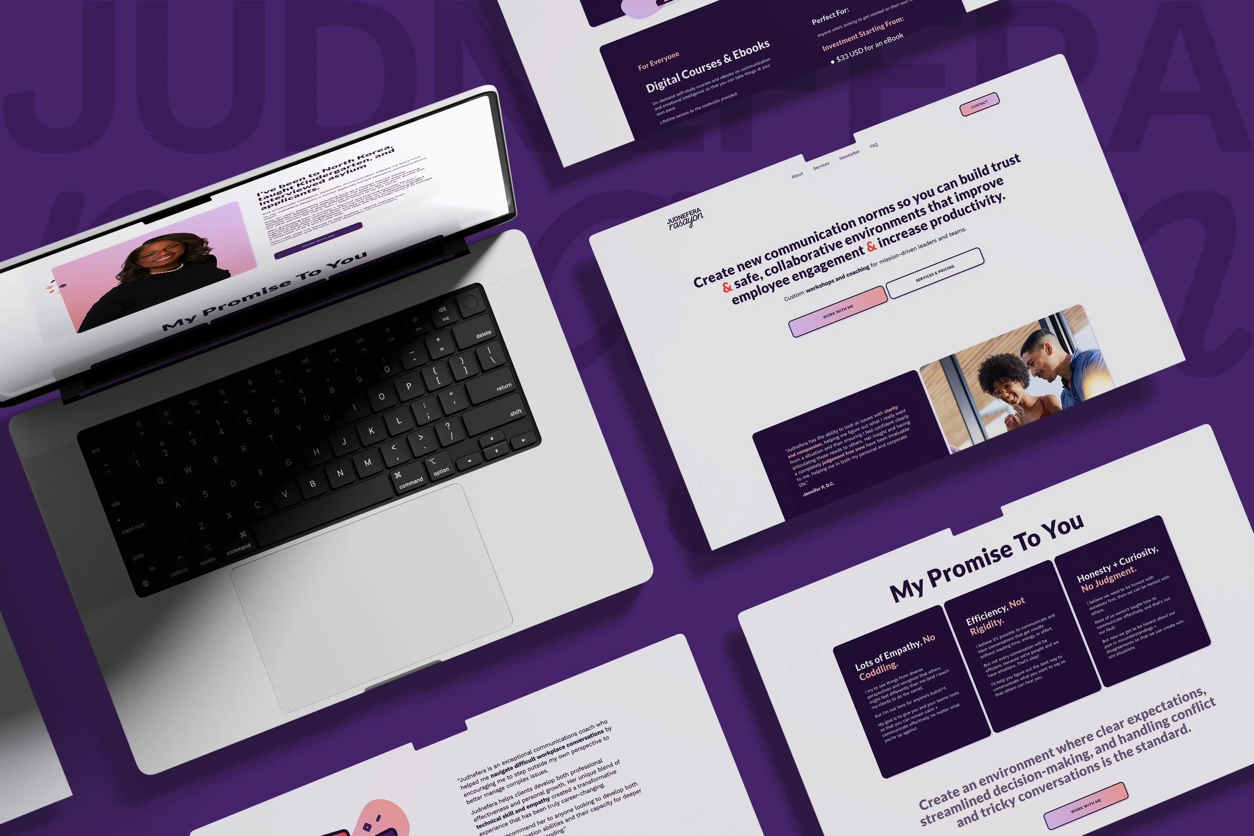 A laptop web design mockup for Judnefera Rasayon with clean design and a peach and purple color scheme.