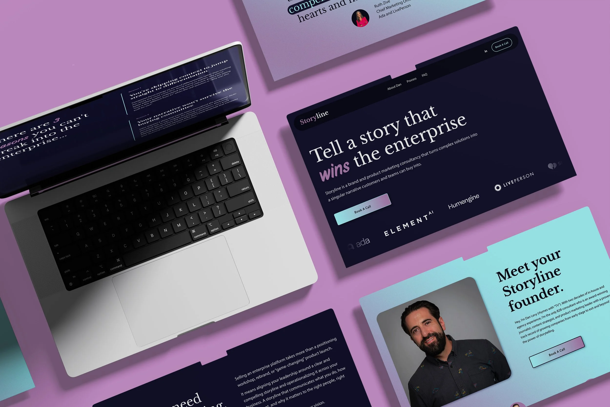 A laptop website mockup for Dan Levy's brand Storyline with a dreamy gradient and navy, purple and aqua color story.