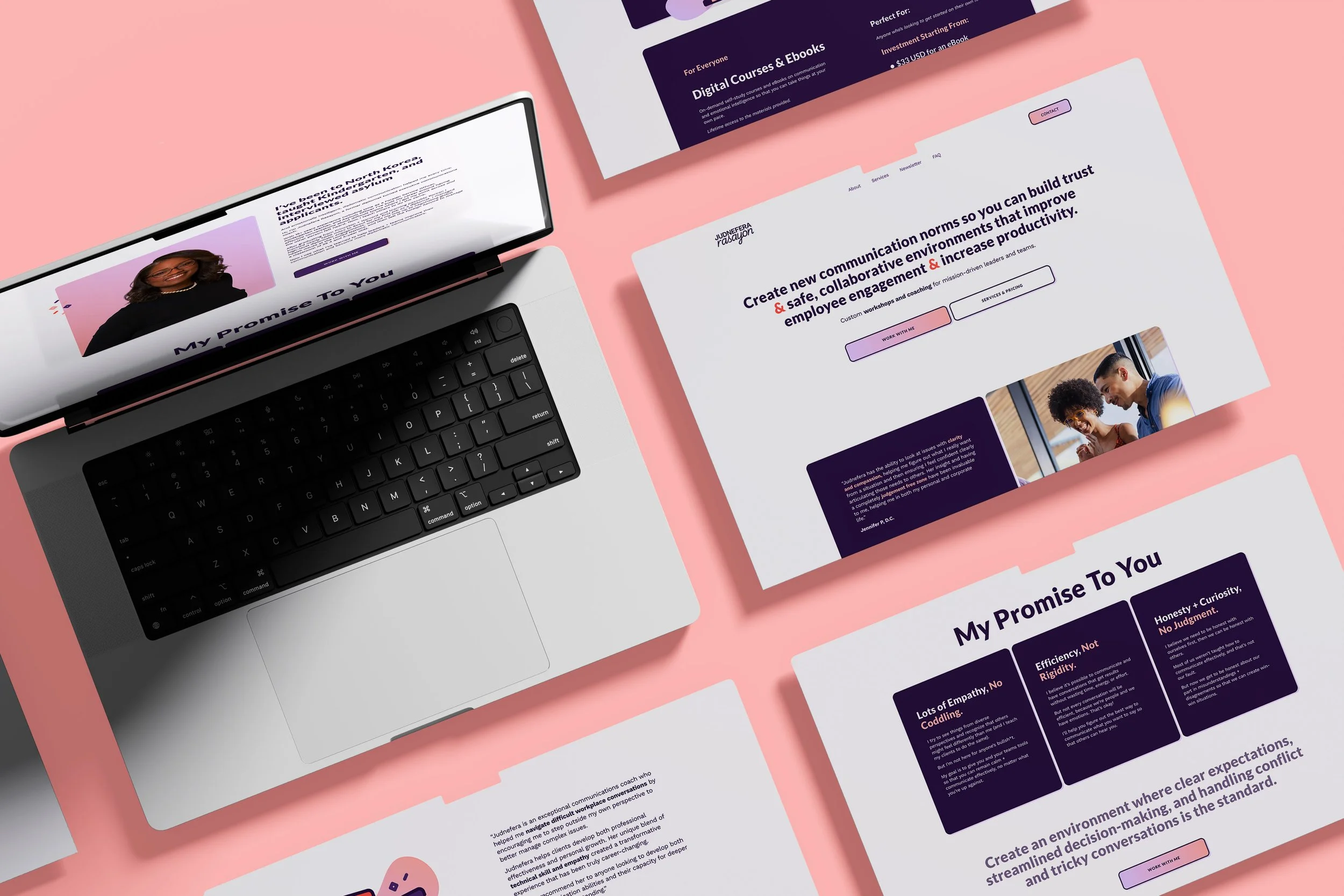 A web Design mockup of the site for Judnefera Rasayon with a peach and purple palette and a clean but bold sensibility.