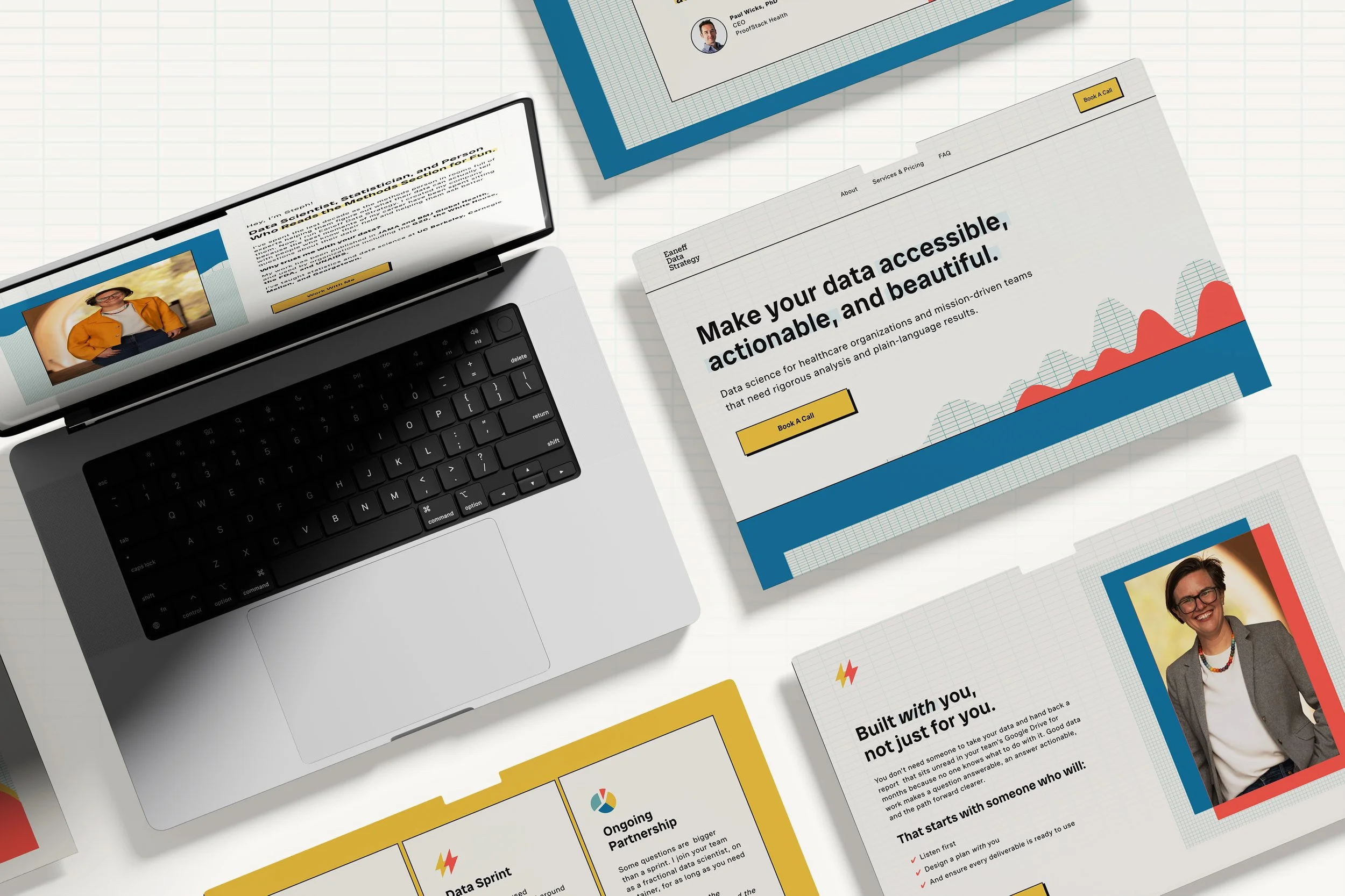 Web design mockup on laptop with colorful graphs and images promoting accessible data science.