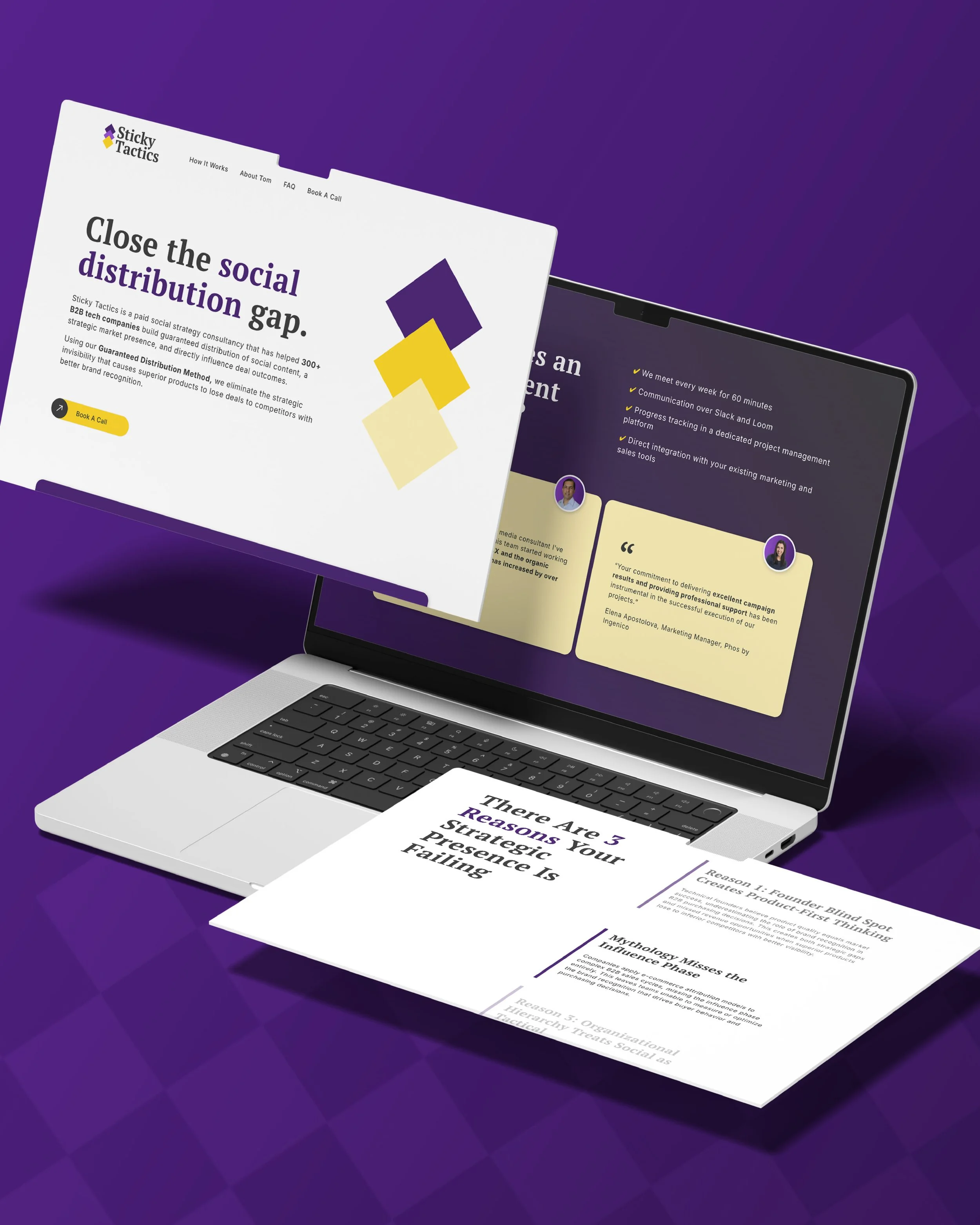 A laptop website mockup for Sticky Tactics, a clean, bright web design with a purple and yellow palette.