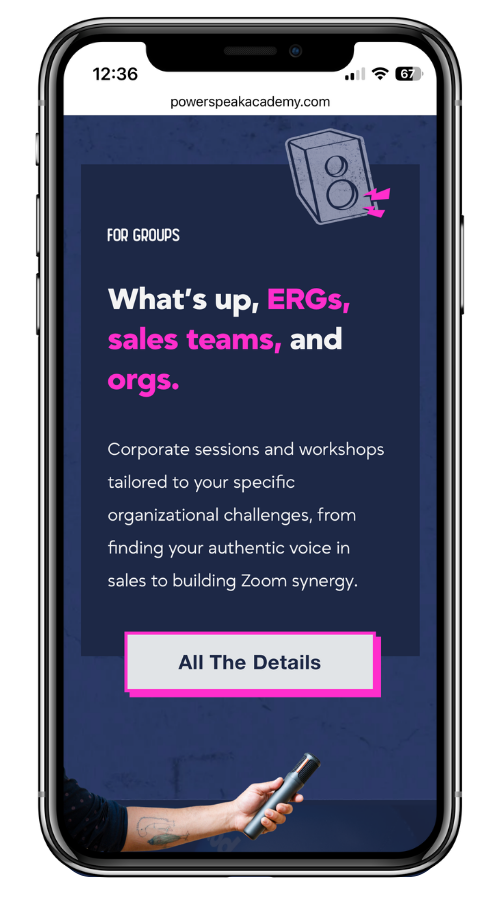 A smartphone mockup for the PowerSpeak Academy Website with playful photographic elements and a bold, bright palette.