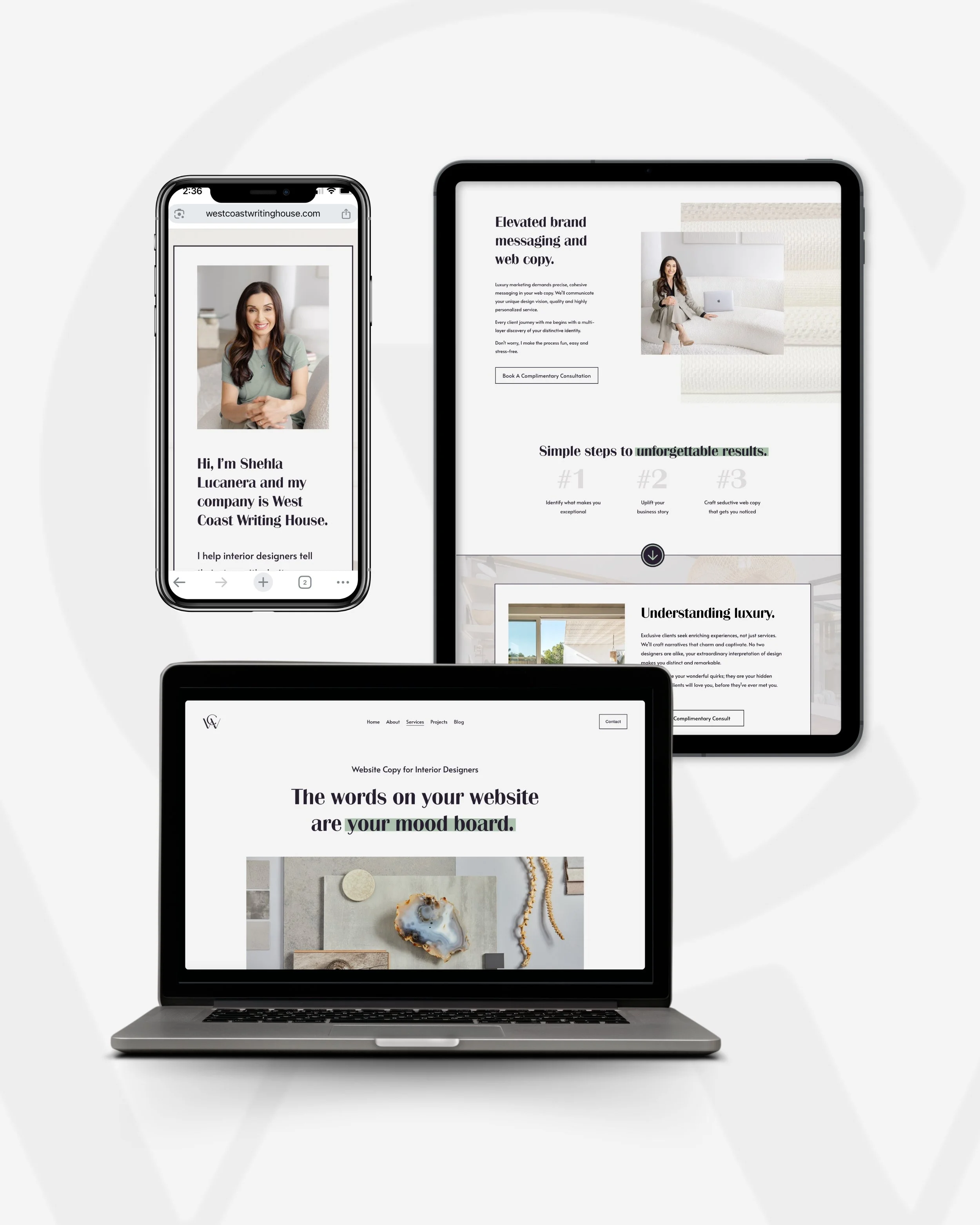 Three electronic devices displaying websites related to interior design and branding, including a smartphone, a tablet, and a laptop, arranged on a white background.