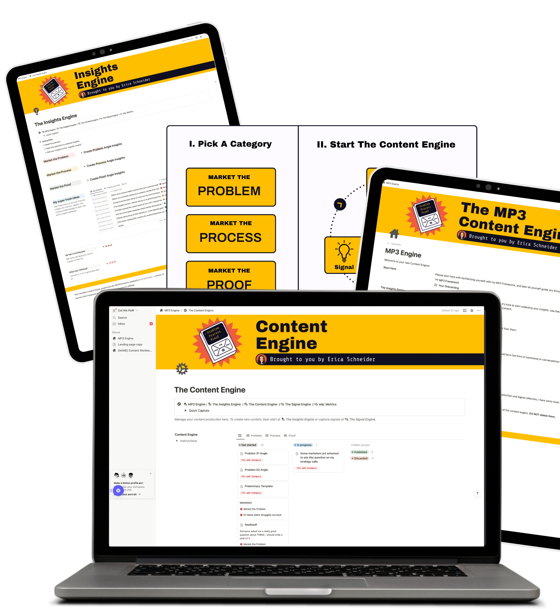 Digital screens displaying content for a content engine and a marketing tool, with yellow, black, and white color schemes, showing text, icons, and user interfaces.