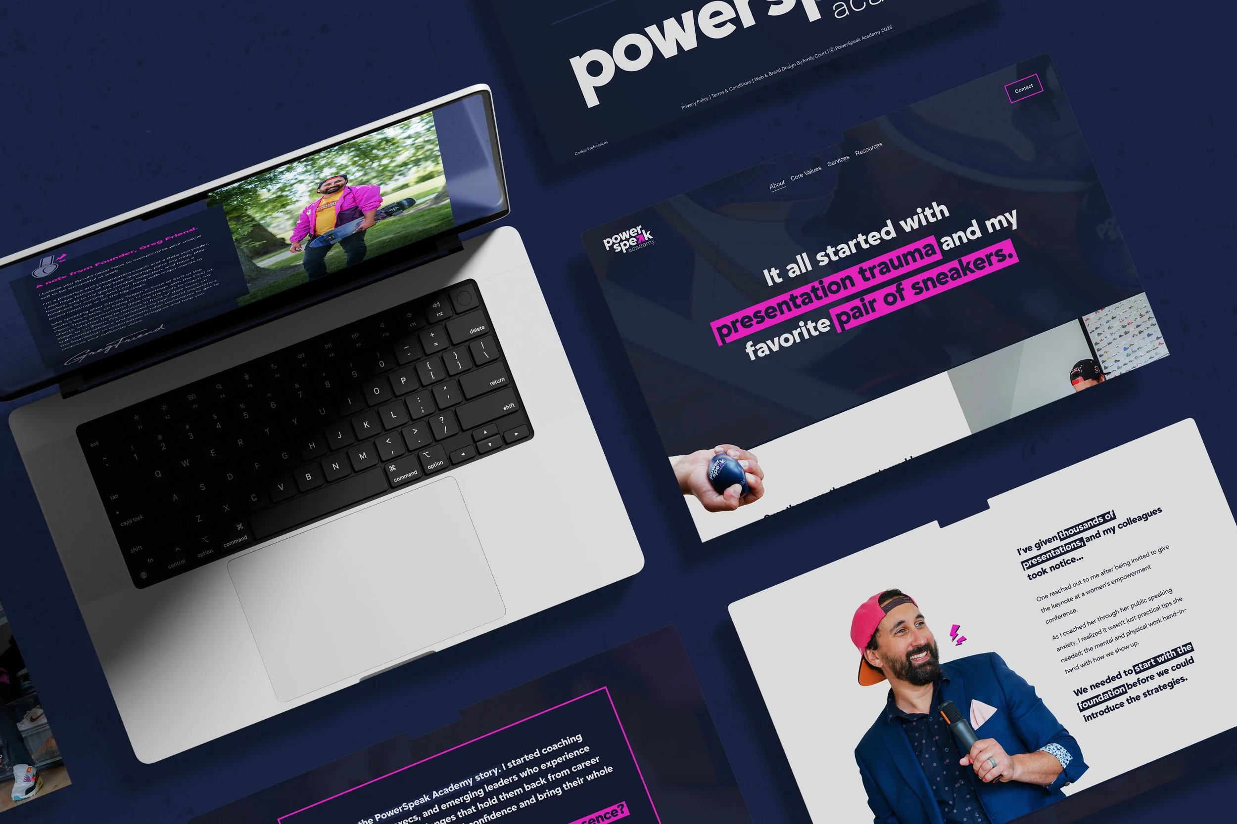A web design mockup for PowerSpeak Academy with hand drawn icons, playful brand photography and a bold navy and hot pink color palette.