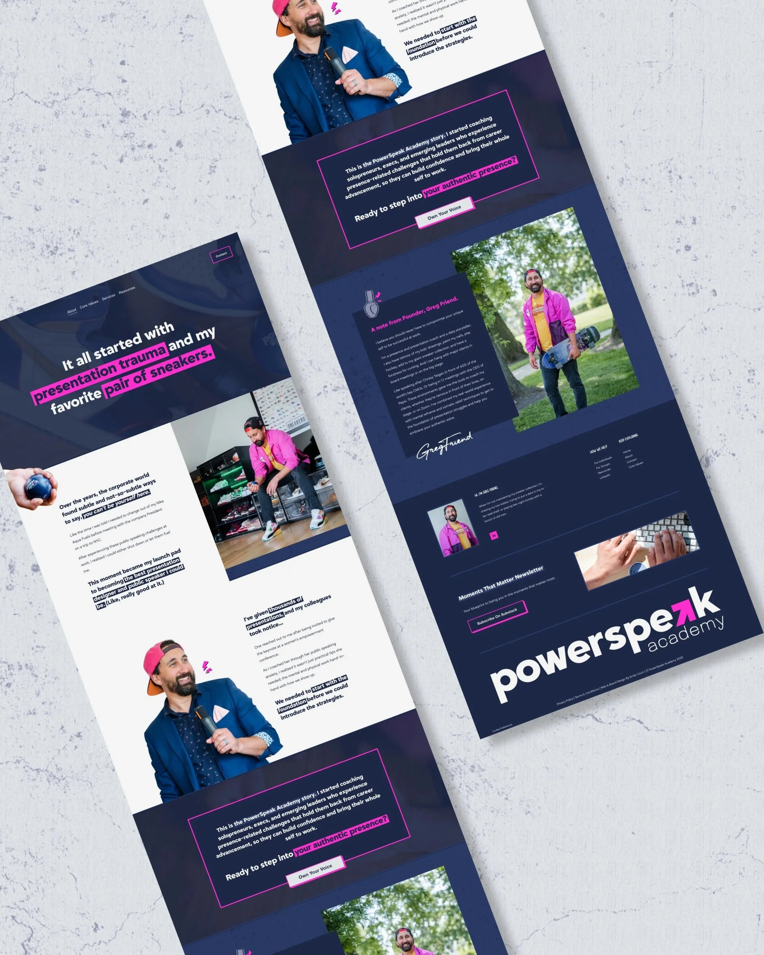Two vertically oriented web pages laid on a light surface. The pages feature images of a smiling man with a beard, wearing colorful clothing and a cap, posing outdoors and indoors. They include text about a coaching academy, with headlines in white and pink, and purple accents, logos reading 'powerspeak academy,' and sections with descriptions, images, and buttons.