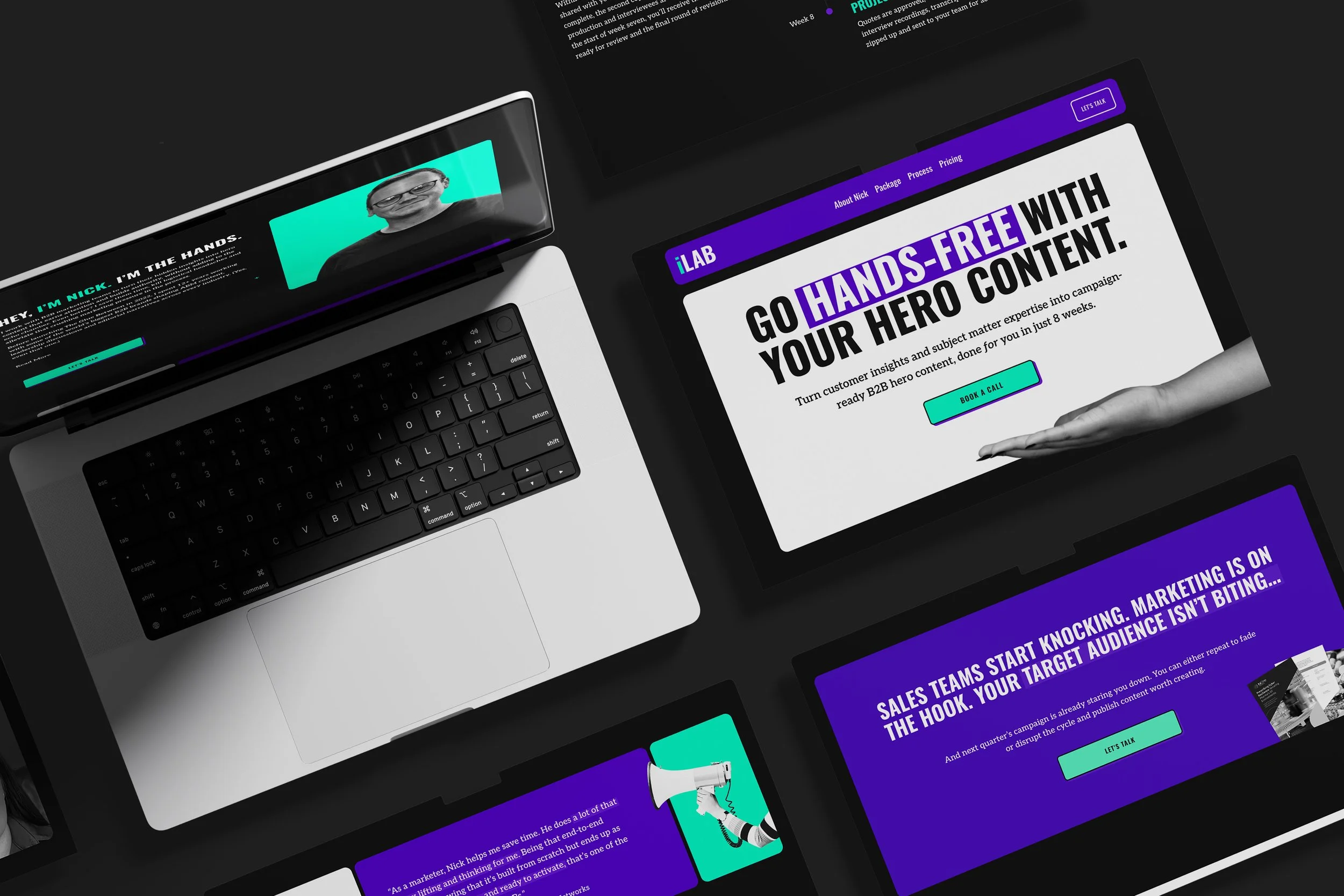 Multiple screens displaying a website with bold purple, black, and white text. The website promotes hands-free hero content and digital marketing strategies.
