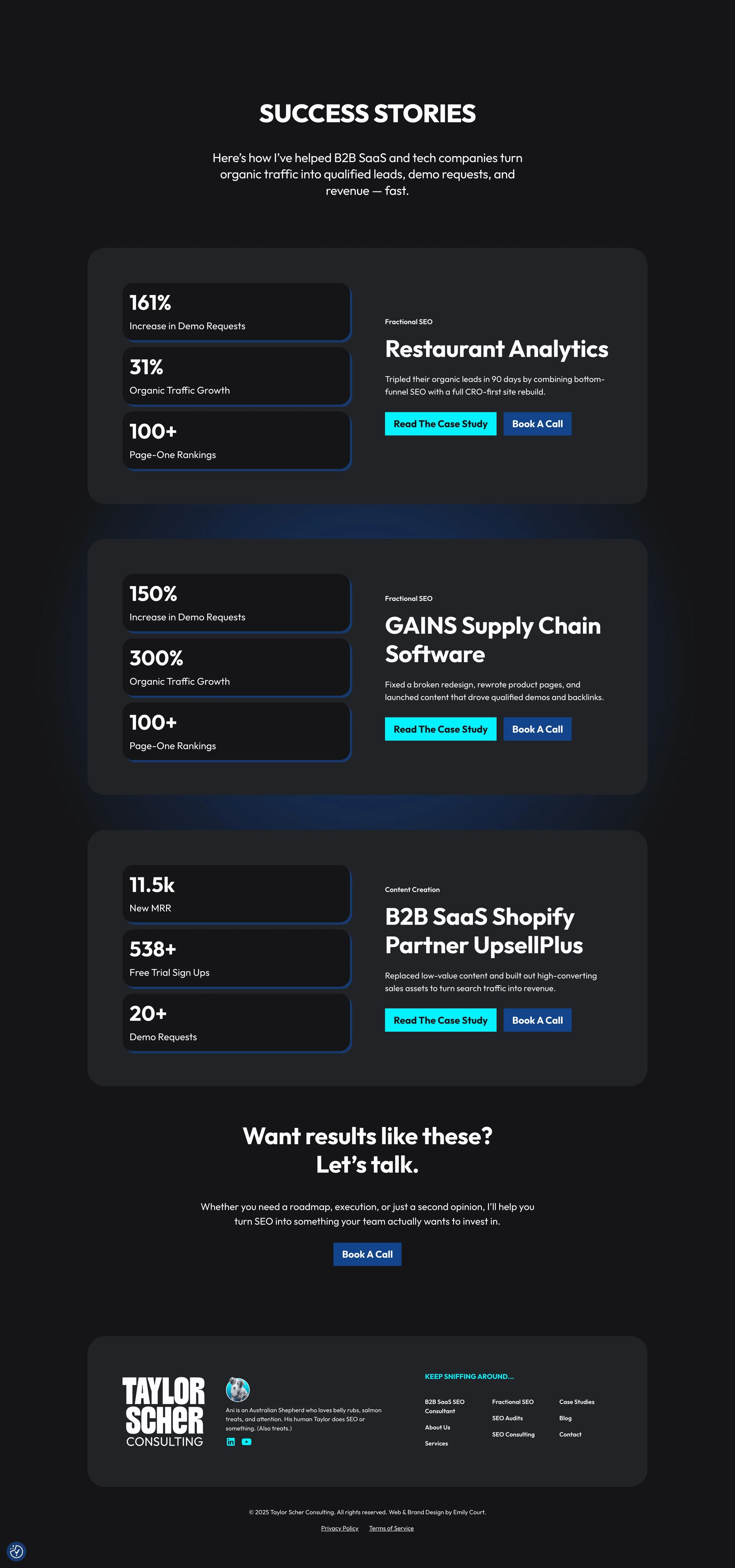A webpage showing success stories of SEO services with various case studies and contact options, designed with a dark background and white text.