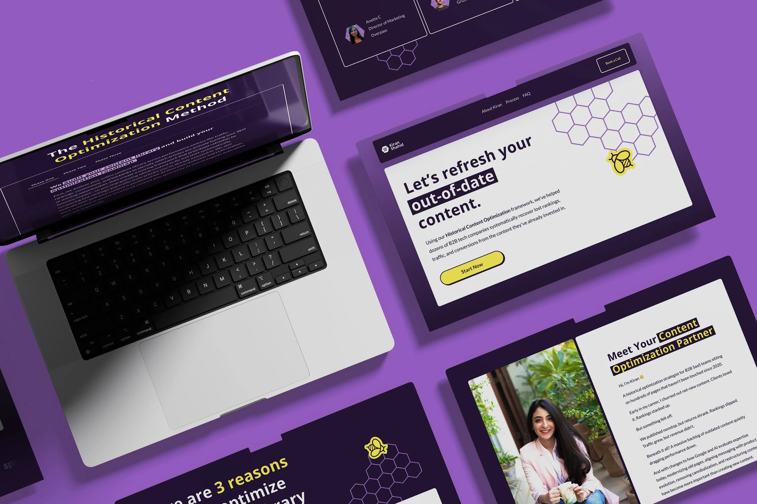Multiple screens and a laptop on a purple background displaying content about content optimization, including a smiling woman, promotional text, and interface elements.