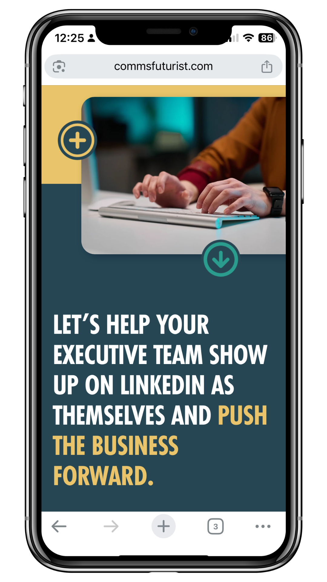 Smartphone screen displaying a website with a photo of a person typing on a keyboard,.