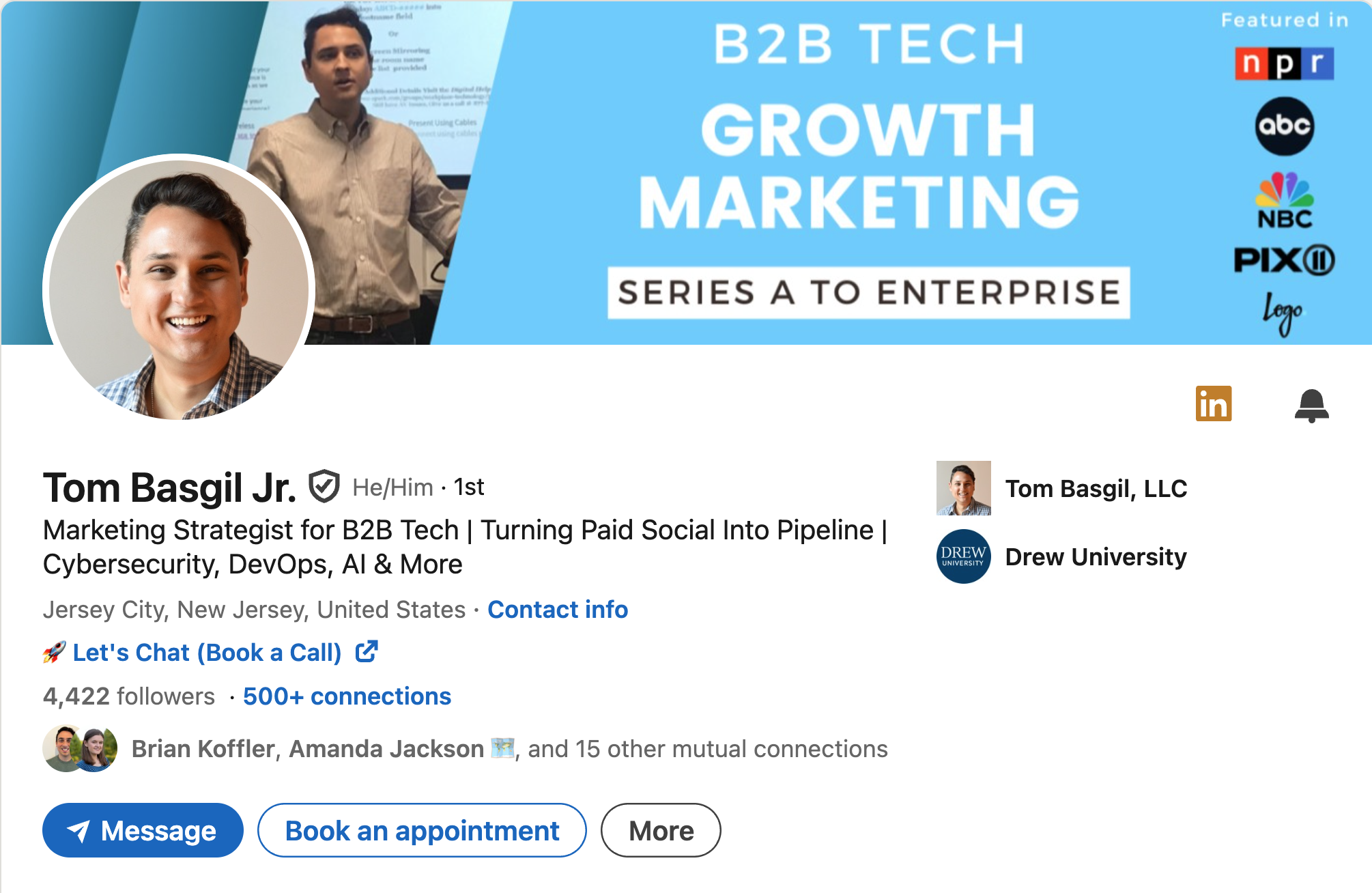 LinkedIn profile of Tom Basgil Jr., a marketing strategist for B2B tech, featuring a header image with a man in a beige shirt presenting, and a blue banner with text about B2B tech growth marketing series, alongside logos of NPR, ABC, NBC, PIX, and a generic logo. Profile details include his name, photo, location in Jersey City, New Jersey, and a brief description of his professional background.