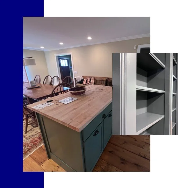 Open kitchen with a wooden island, blue-green cabinets, and a dining table with multiple chairs in a cozy home.