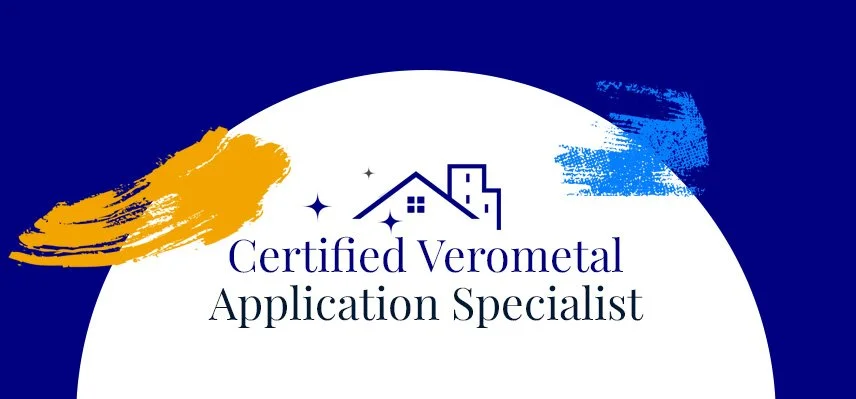 Logo for Certified Verometal Application Specialist with a house and stars icon, blue and gold brush strokes in the background.