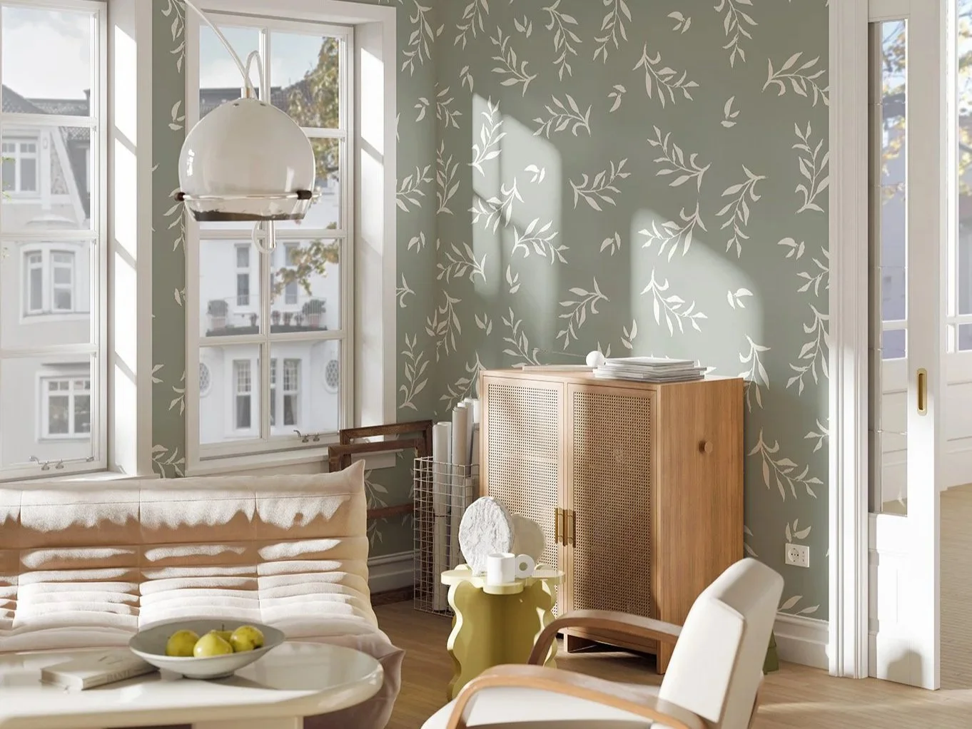 corner dining nook large windows, neutral furniture and green and cream wallpaper with a leaf pattern