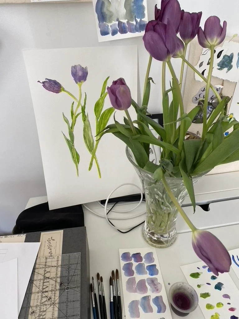 purple tulips in a vase and watercolour painting of them