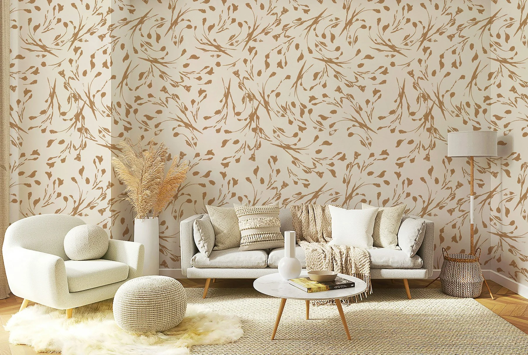 living room with cream and brown floral wallpaper, with neutral coloured furniture and natural fibre accessories