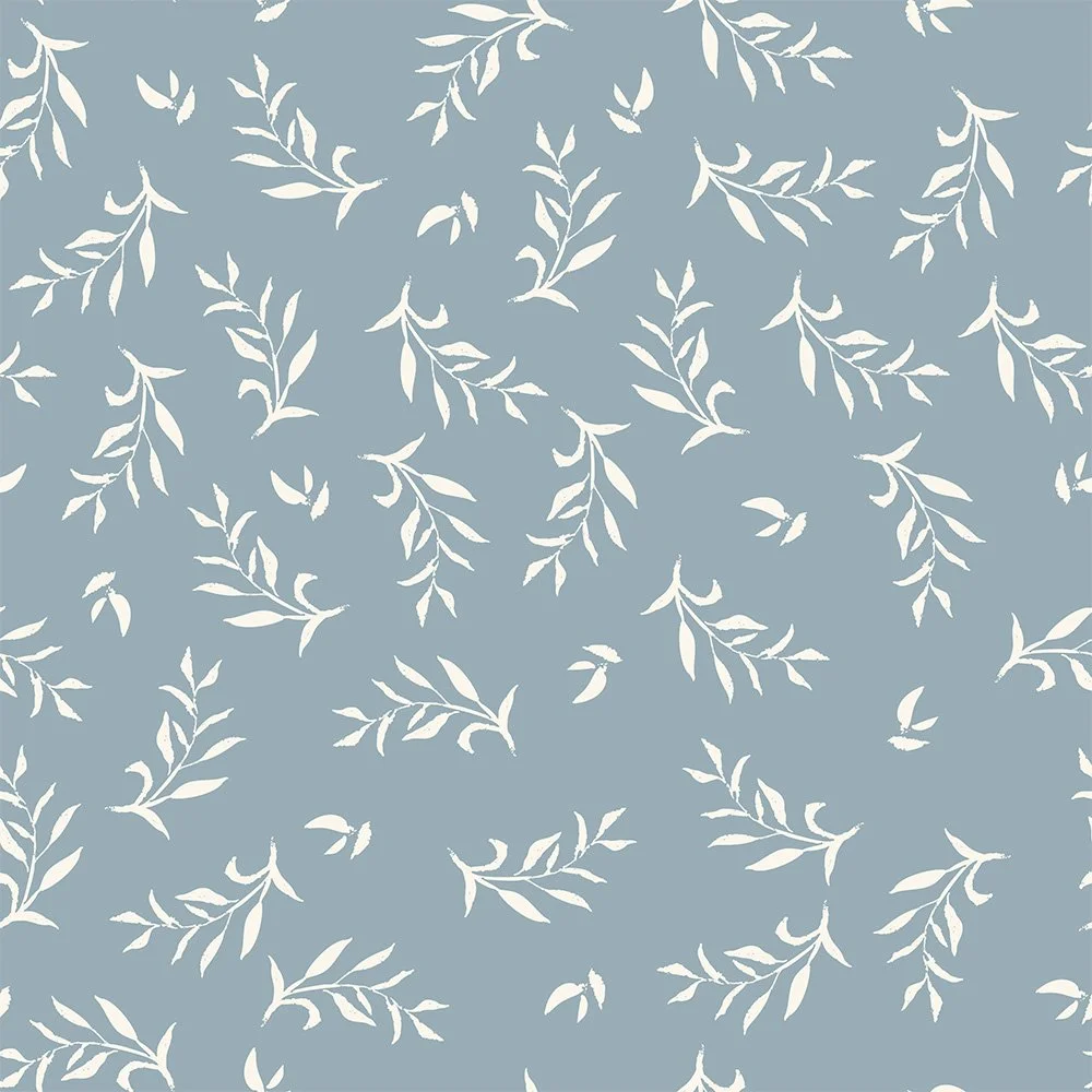 pattern of cream leaf fronds on a mid blue background